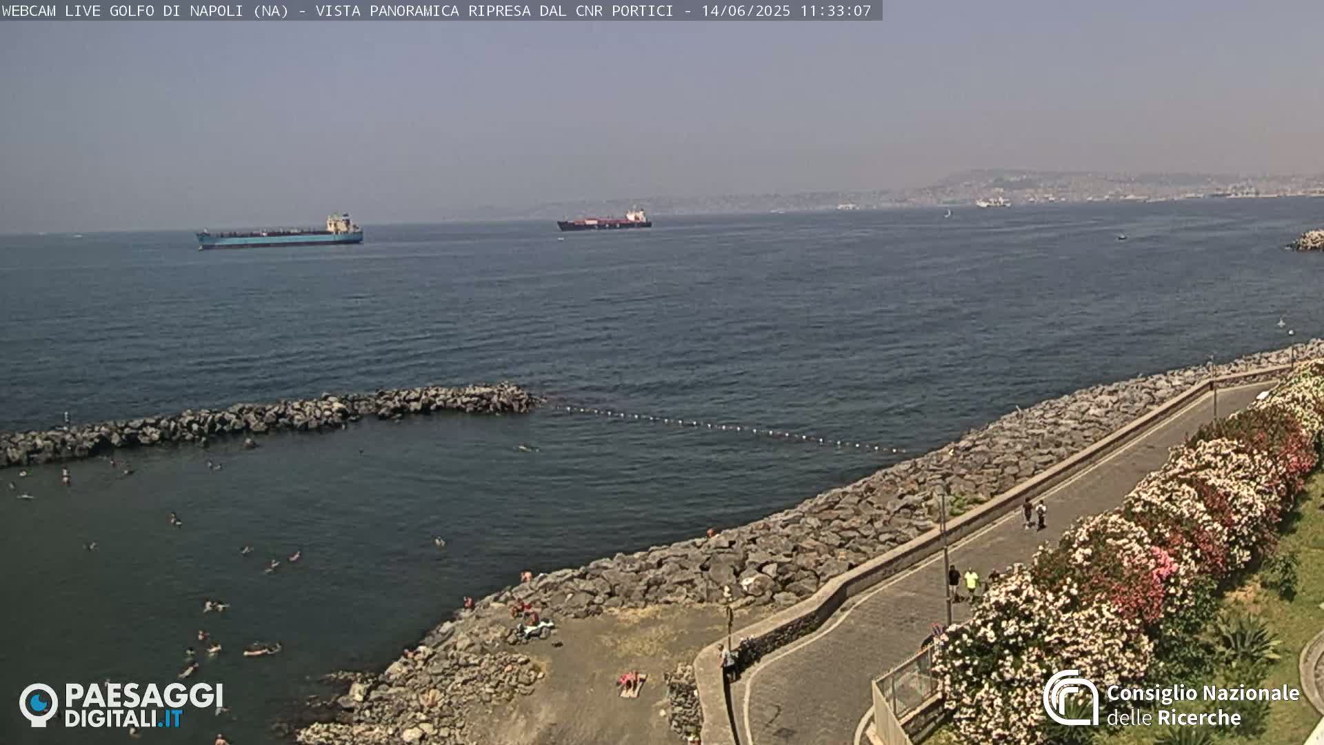A rocky shoreline with people swimming and sunbathing, a paved walkway lined with flowering bushes, and cargo ships visible in the hazy distance on a calm sea.