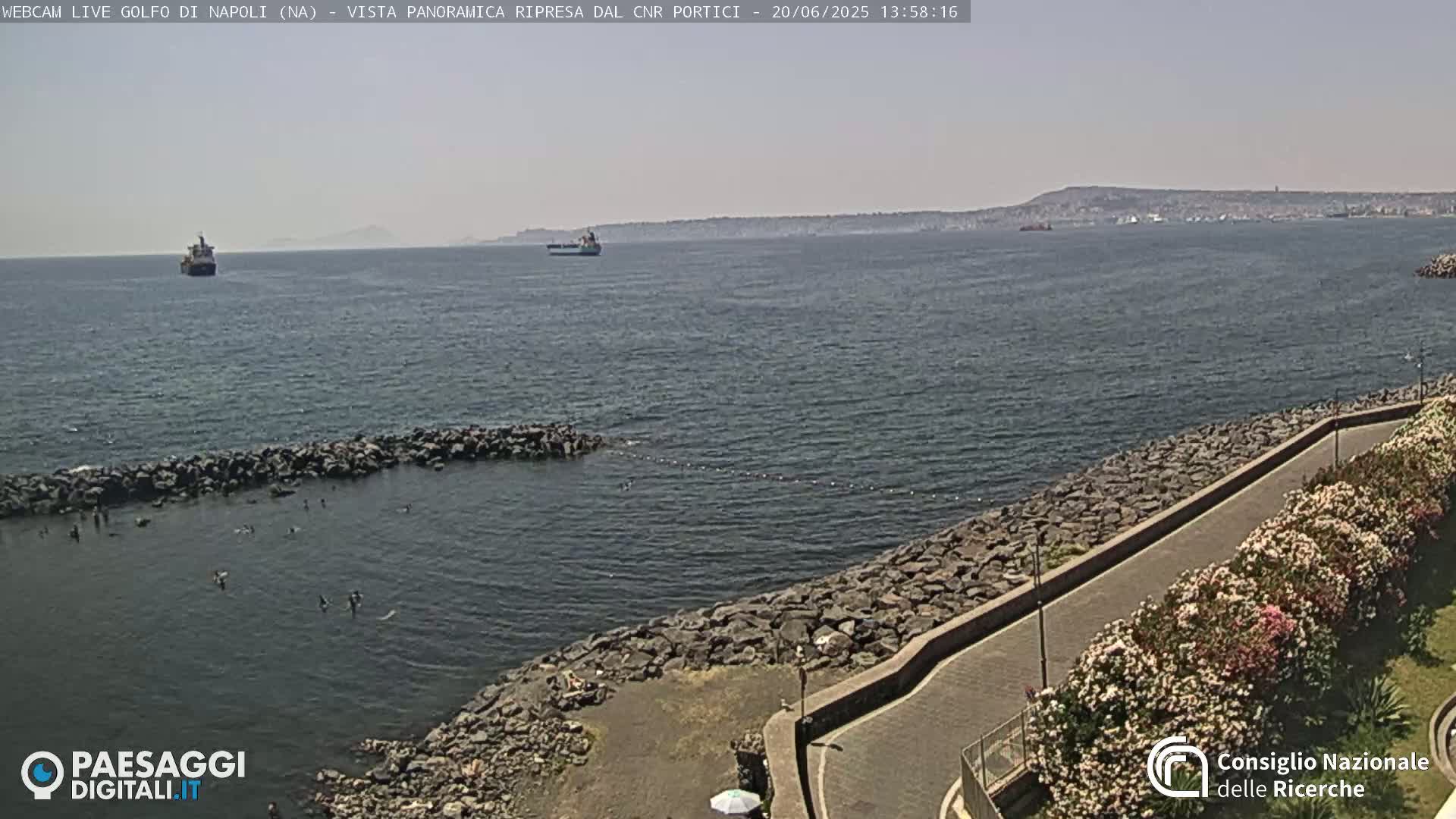 A rocky shoreline with a paved walkway lined with flowering bushes overlooks a calm sea where several people swim, with a distant mountainous coastline visible under a clear sky.