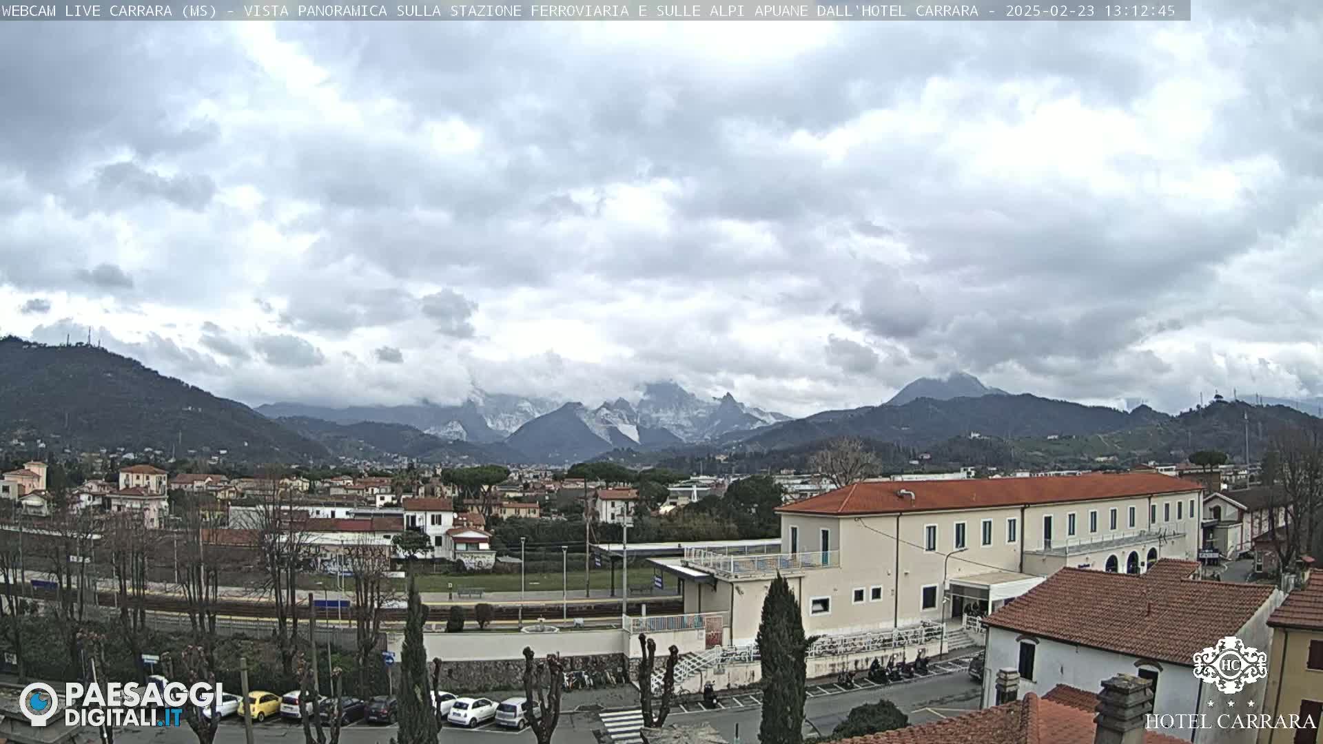 A panoramic view of a town nestled in a valley, with snow-capped mountains in the background under a cloudy sky.