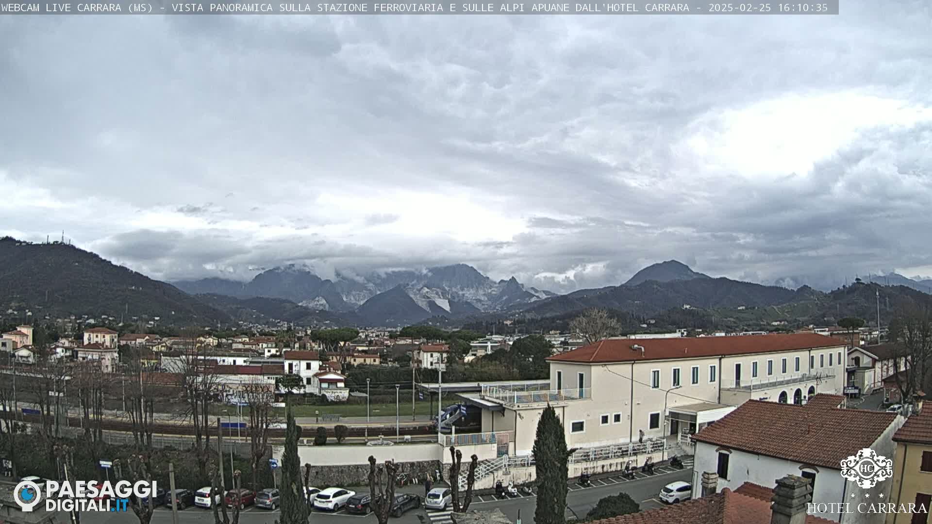 A cloudy day reveals a cityscape nestled among hills and mountains, with a parking lot and buildings in the foreground.