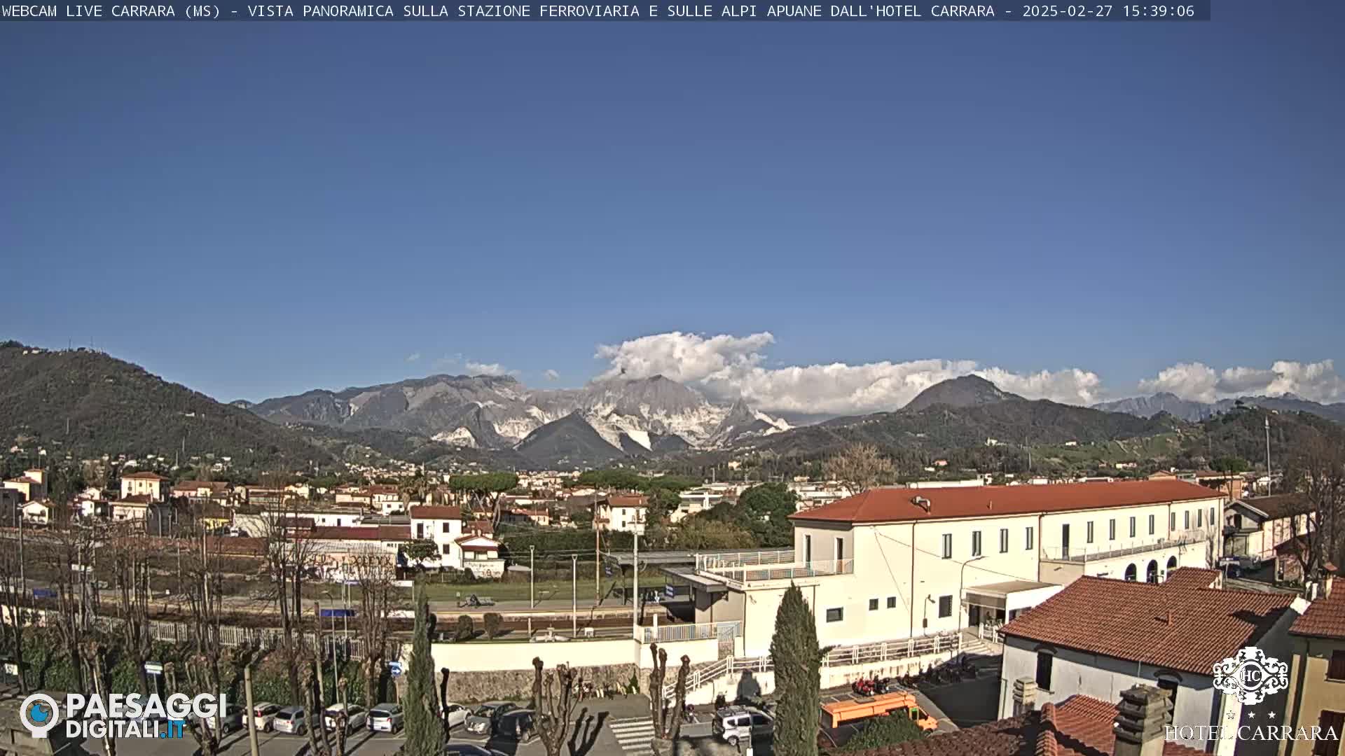 A sunny view of a town nestled in a valley, with mountains in the background and a few clouds in the sky.