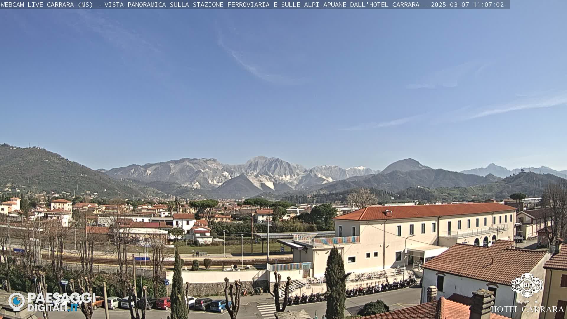 A panoramic view of a town nestled in a valley, with mountains in the background under a clear blue sky.
