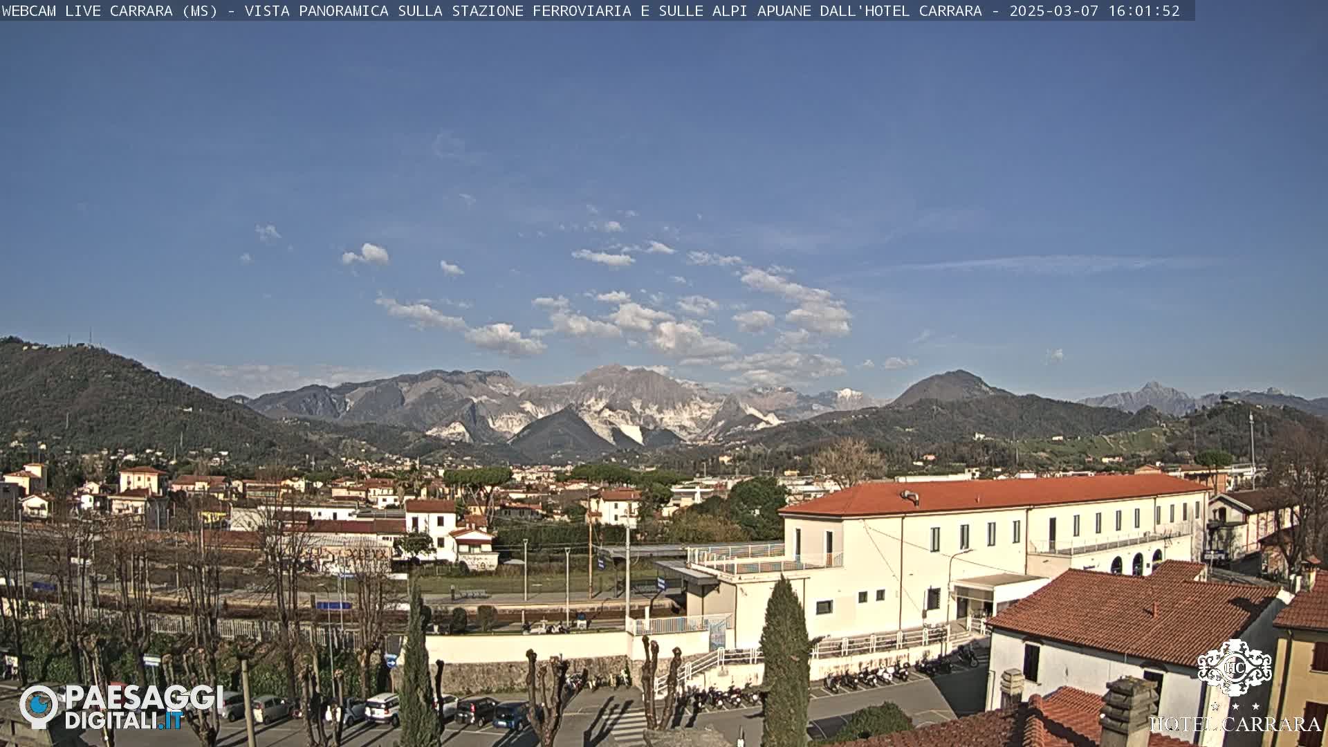 A sunny day reveals a panoramic view of a town nestled in a valley, with mountains in the background and a train station in the foreground.