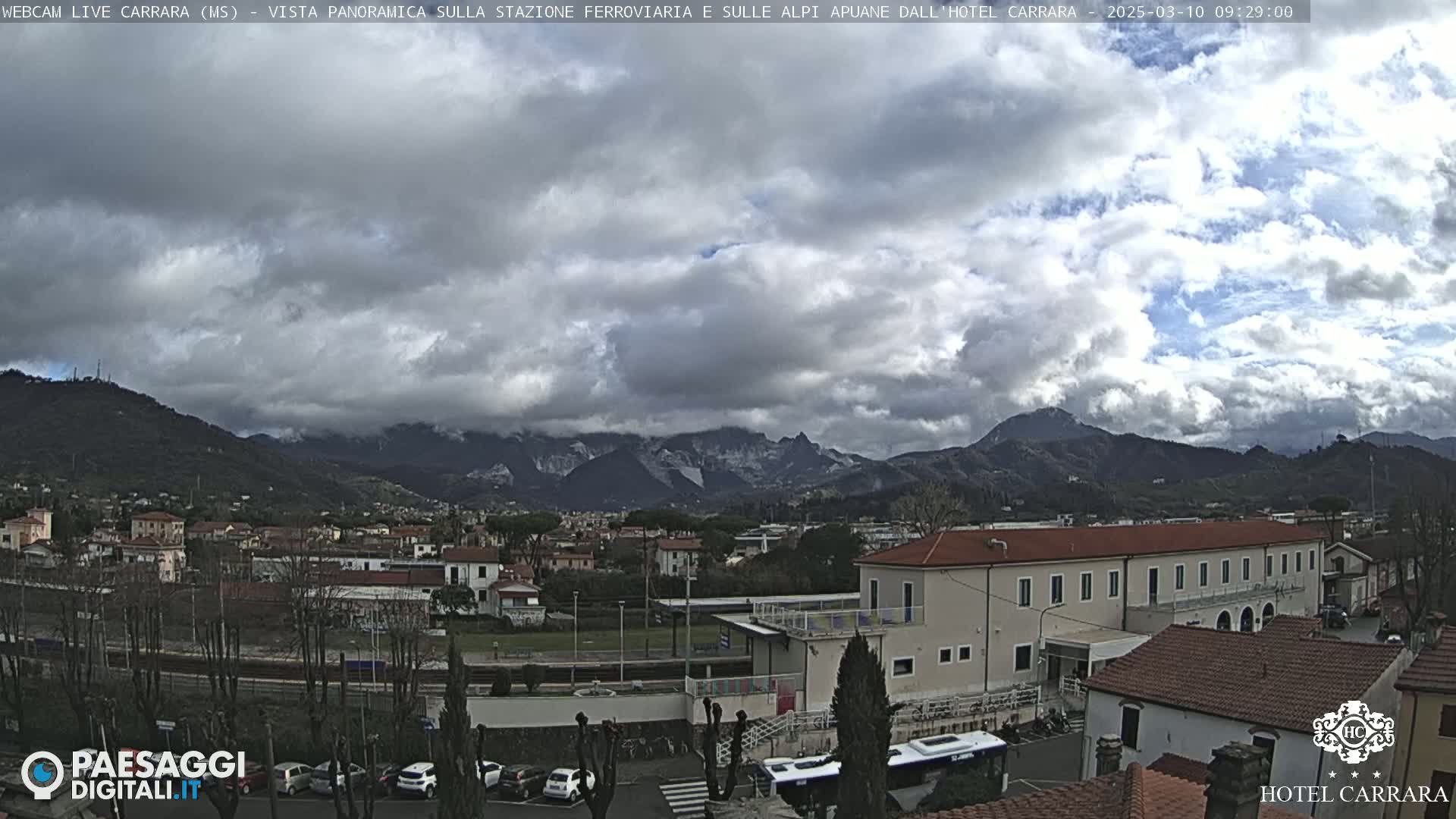 A partly cloudy day reveals a panoramic view of a town nestled in a valley between mountains, with a train station and buildings visible in the foreground.