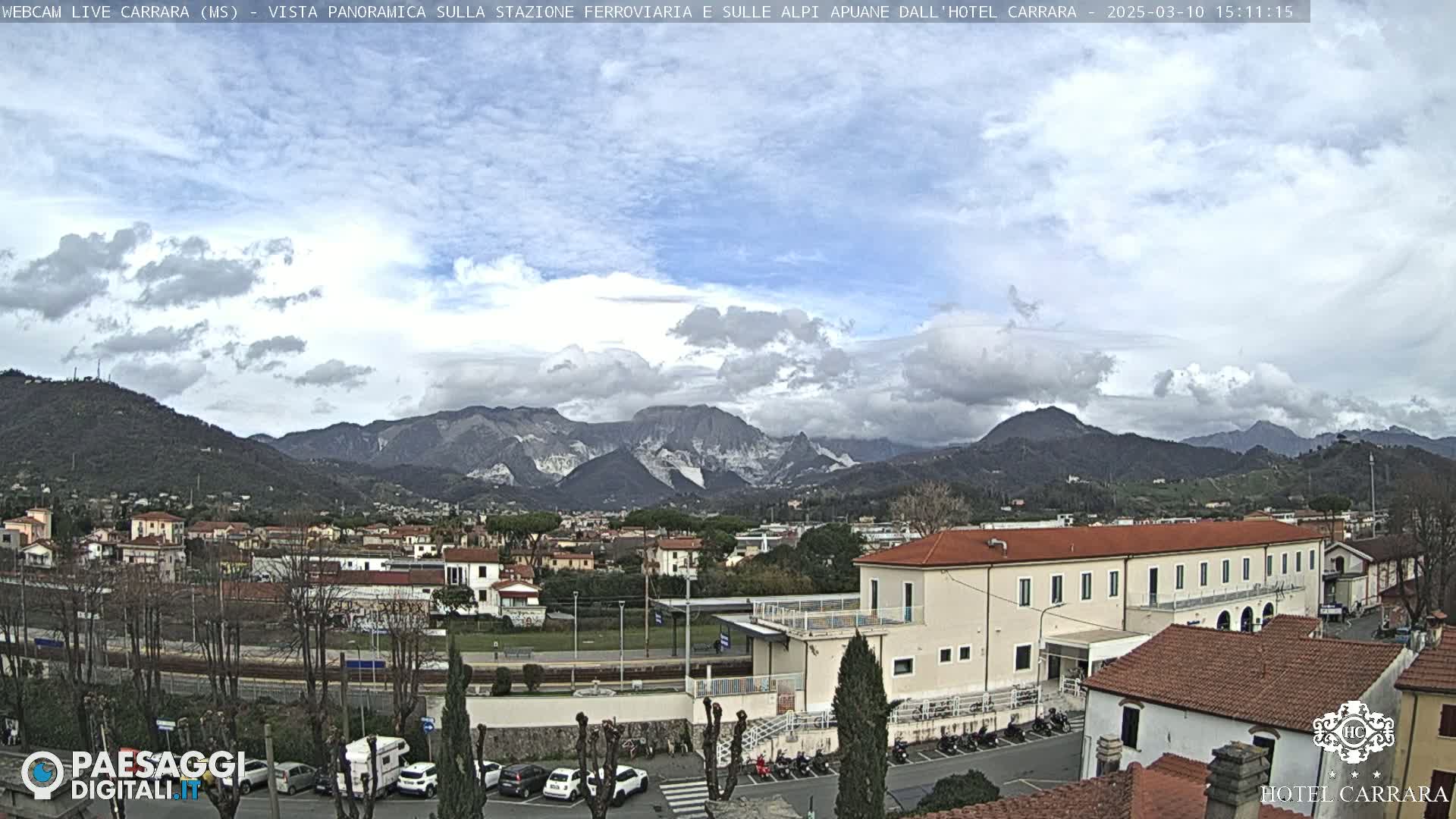 A partly cloudy day reveals a town nestled in a valley, with mountains in the background and a train station visible in the foreground.