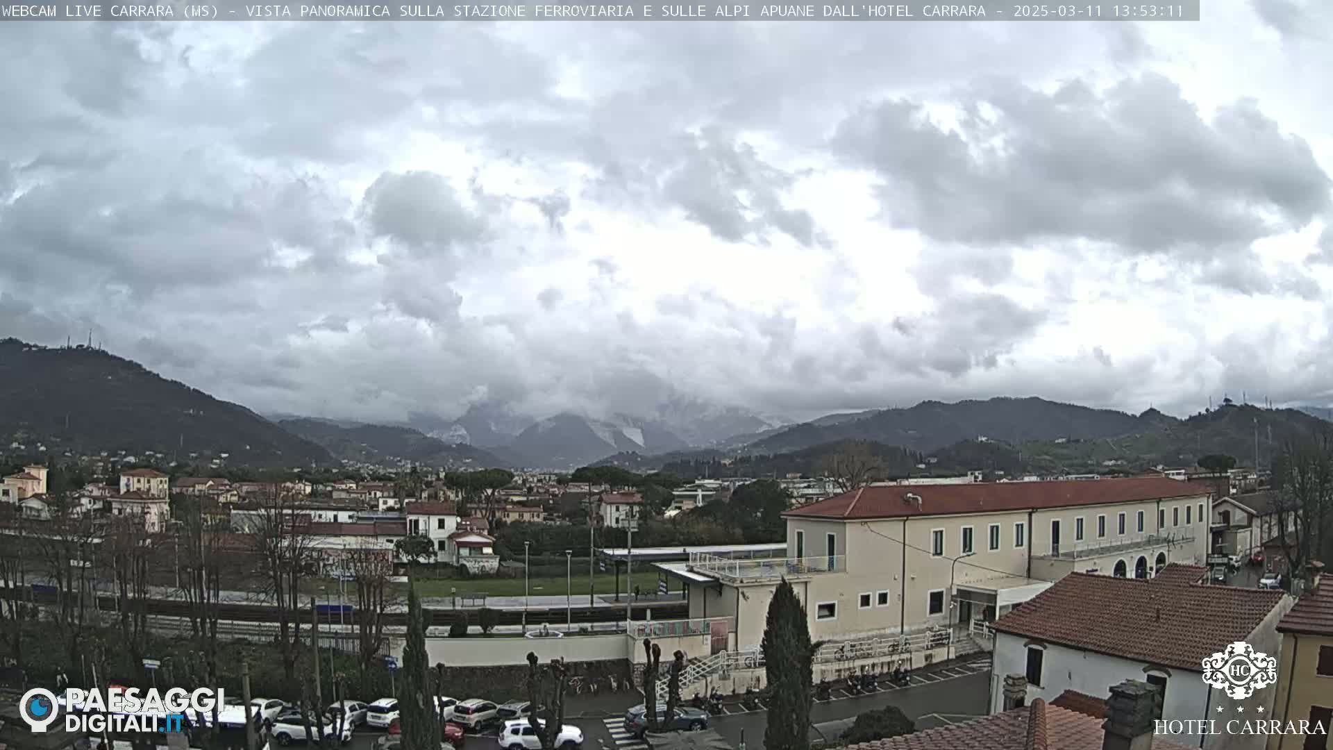 A panoramic view of a town nestled in a valley, under a cloudy sky, with snow-capped mountains in the background.