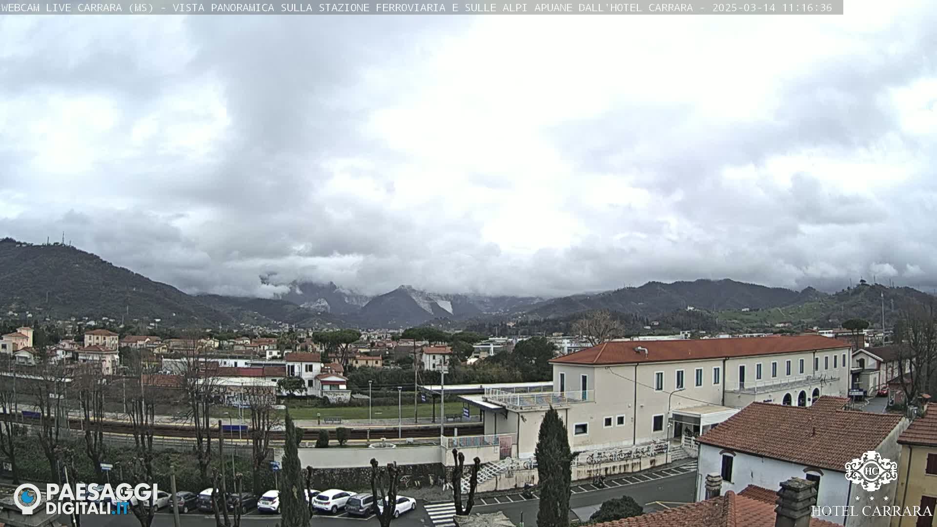 A cloudy day reveals a panoramic view of a town nestled in a valley, with mountains in the background and a train station in the foreground.
