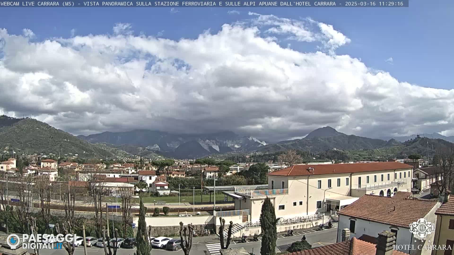 A partly cloudy day reveals a panoramic view of a town nestled in a valley, with mountains in the background and a train station near a building.