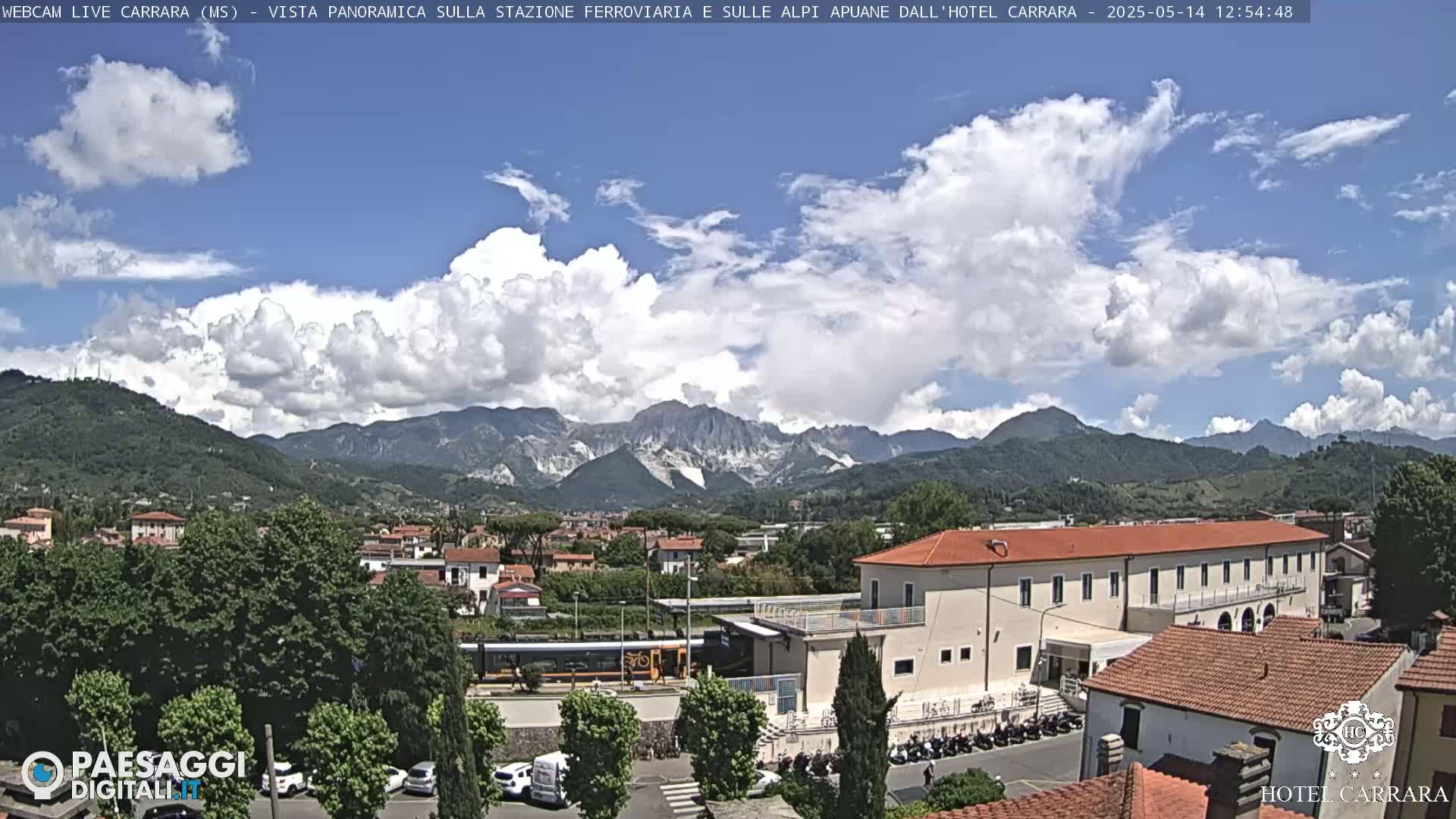A partly cloudy day shows a view of a town nestled in a valley, with mountains in the background and a train visible near a building.
