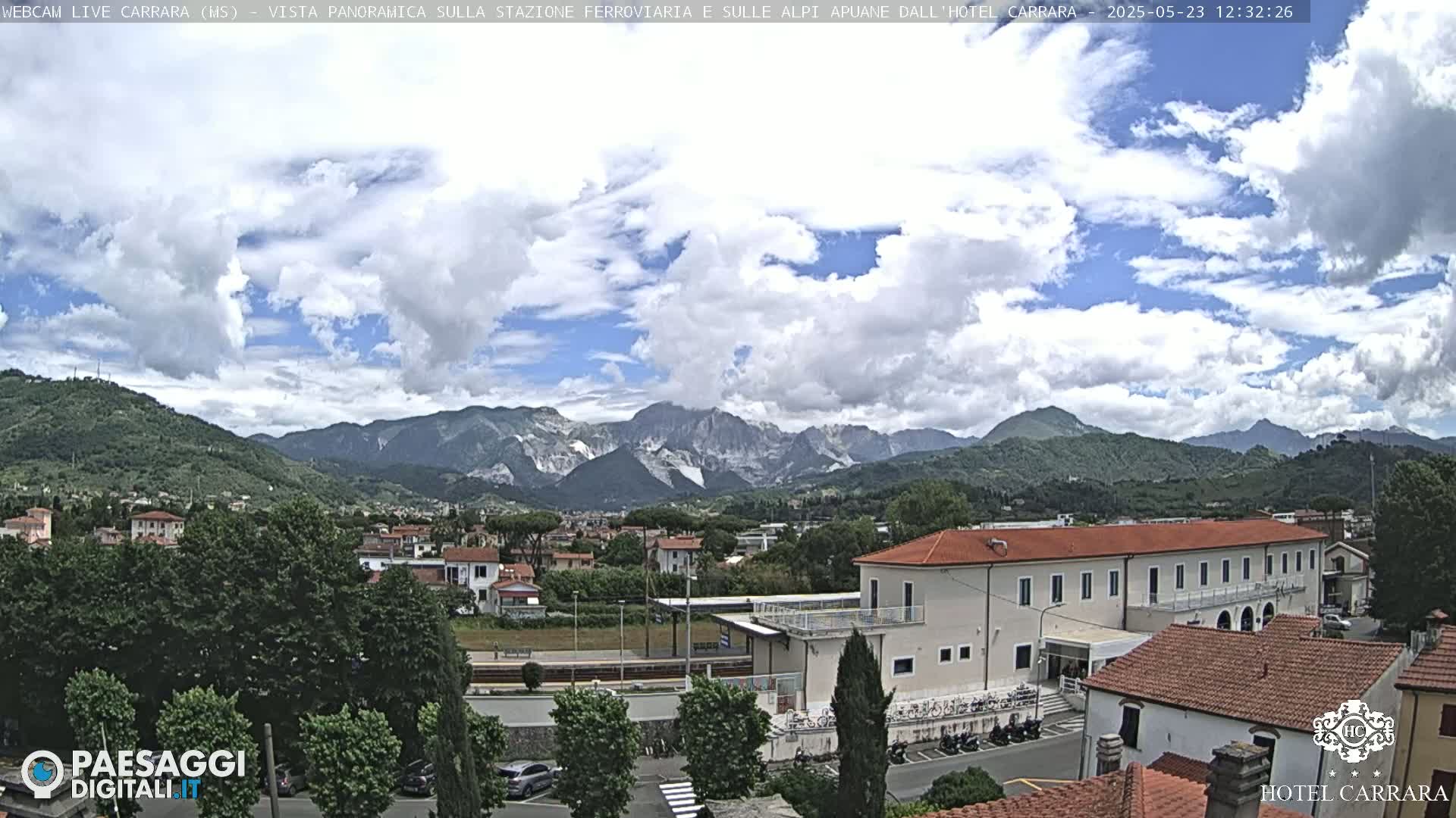 A partly cloudy day reveals a panoramic view of a town nestled in a valley, with mountains in the background.