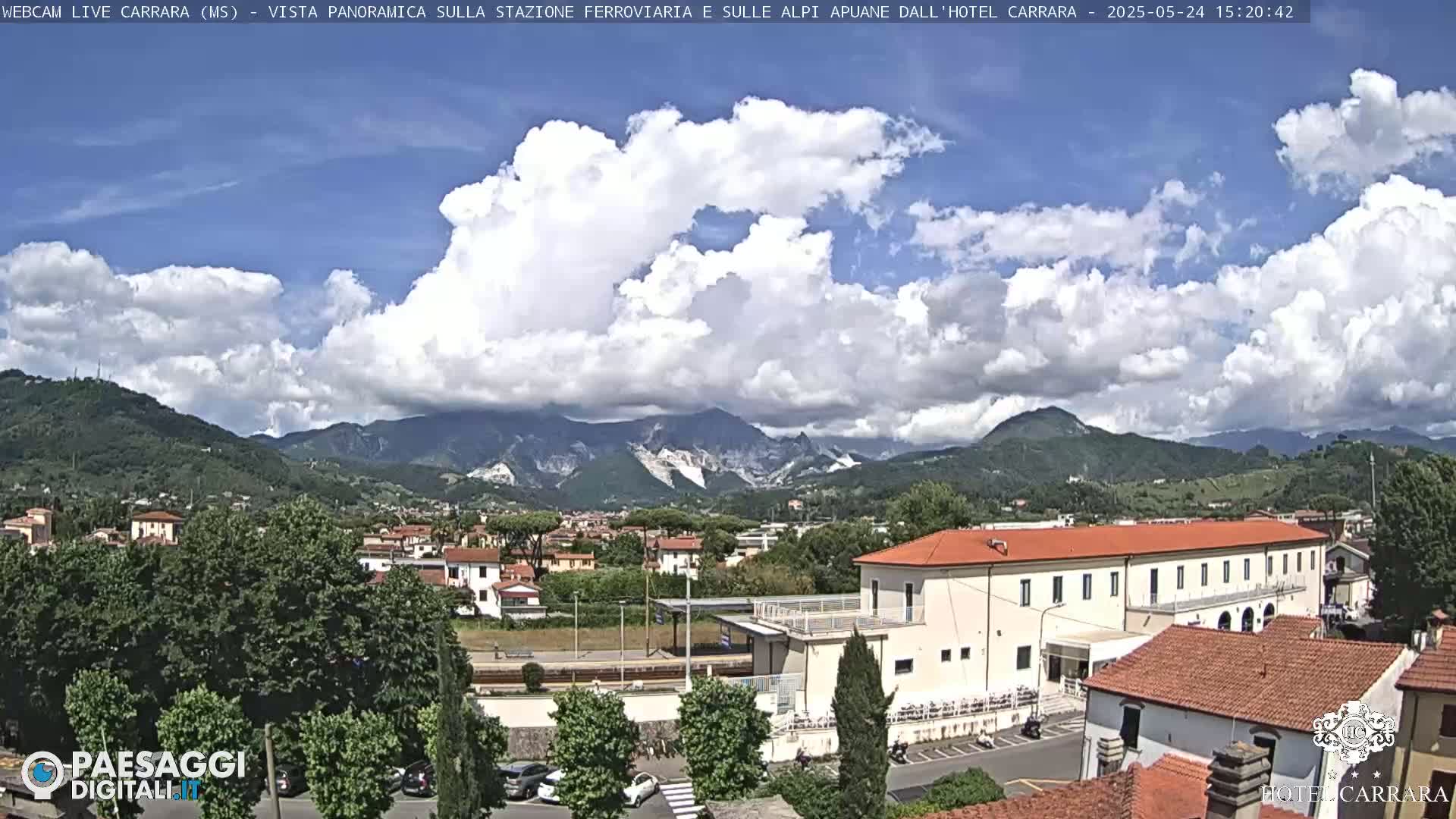 A partly cloudy day shows a view of a town nestled in a valley surrounded by mountains.