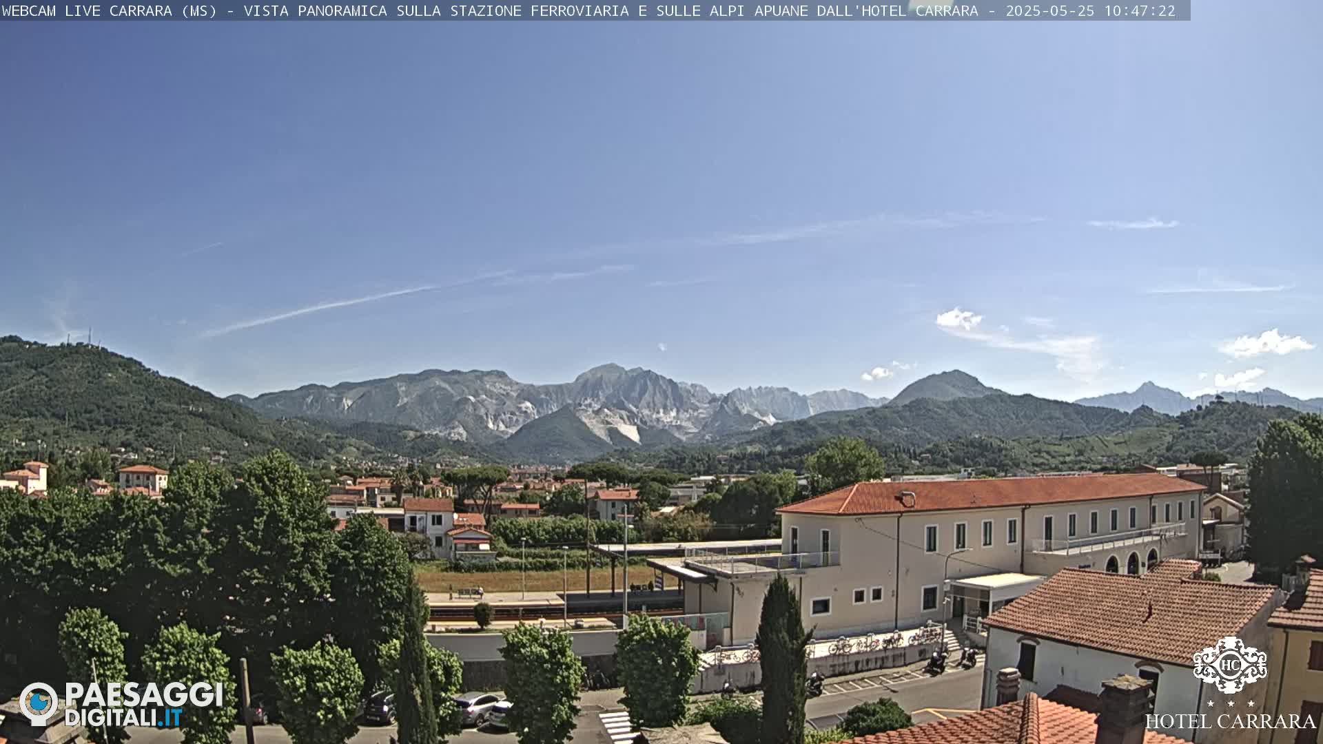 A sunny view of a town nestled in a valley, with mountains in the background and a train station visible in the midground.