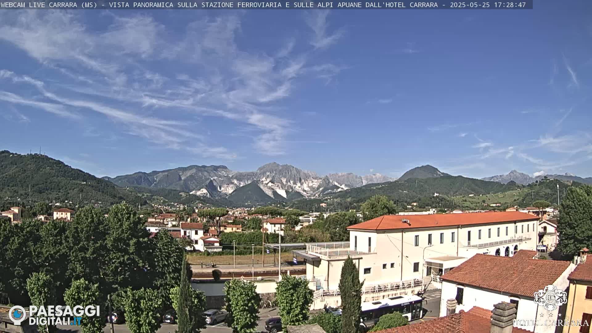 A sunny day with a partly cloudy sky shows a panoramic view of a town nestled in a valley, with mountains in the background.