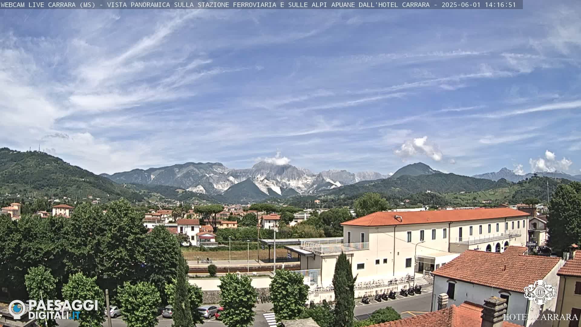 A partly cloudy sky overlooks a town nestled in a valley, with mountains in the background.