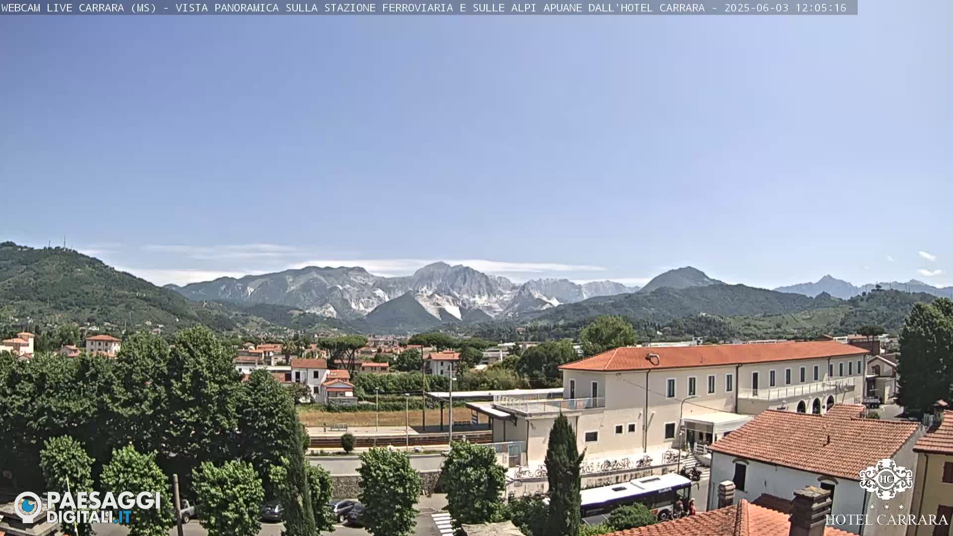 A sunny view of a town nestled in a valley, with a train station, buildings, and lush green trees, showcasing a mountain range in the background.