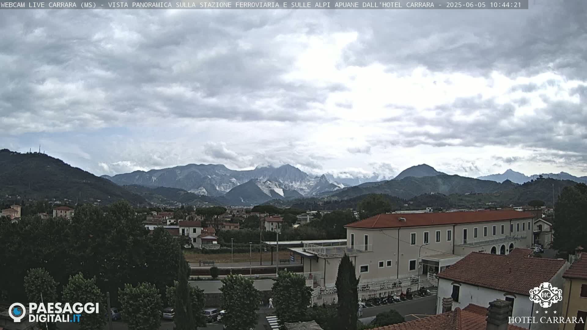 A panoramic view of a town nestled among green hills and mountains under a mostly cloudy sky.