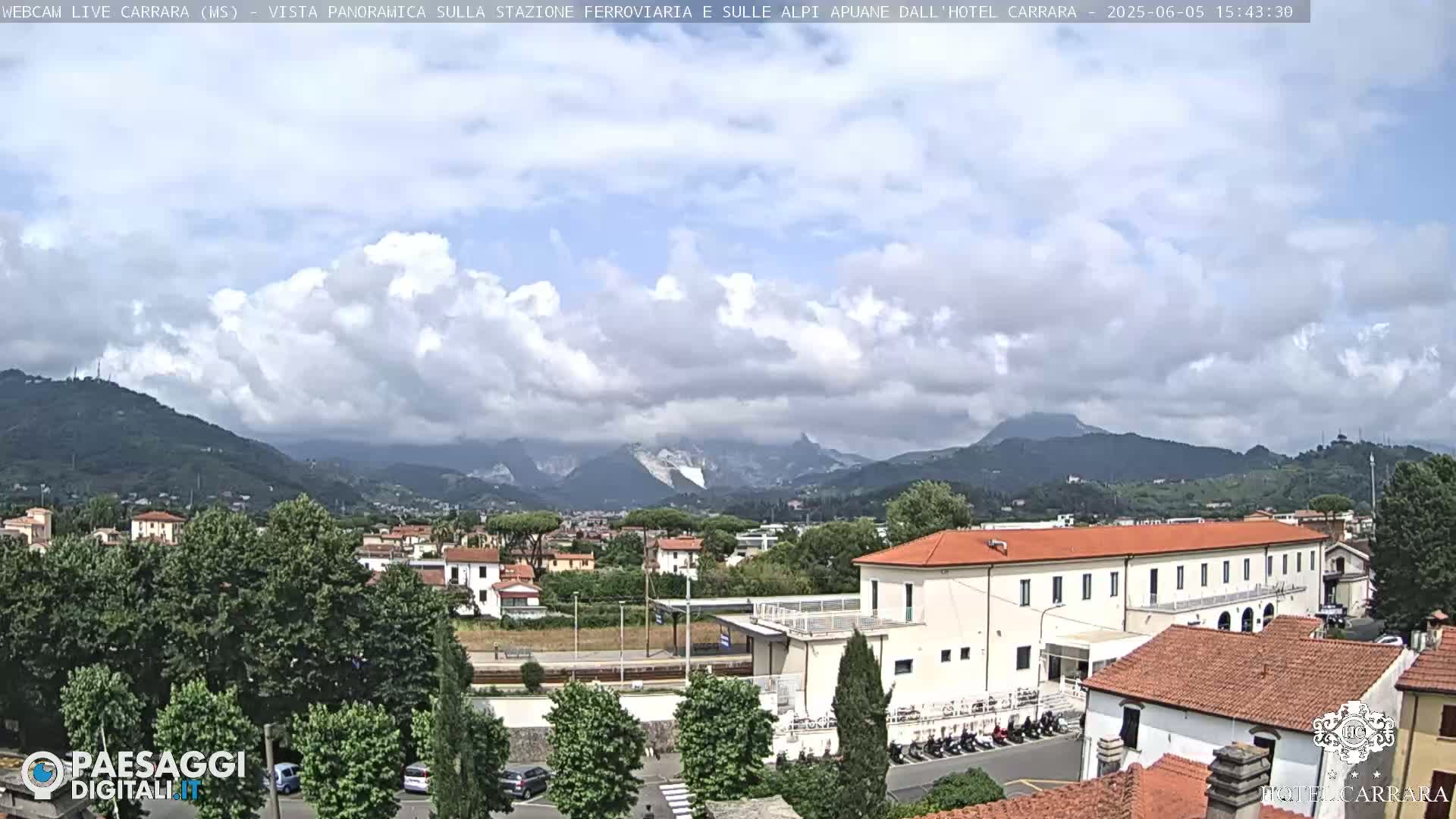 A partly cloudy day shows a panoramic view of a town nestled in a valley, with mountains in the background and a long building near the foreground.