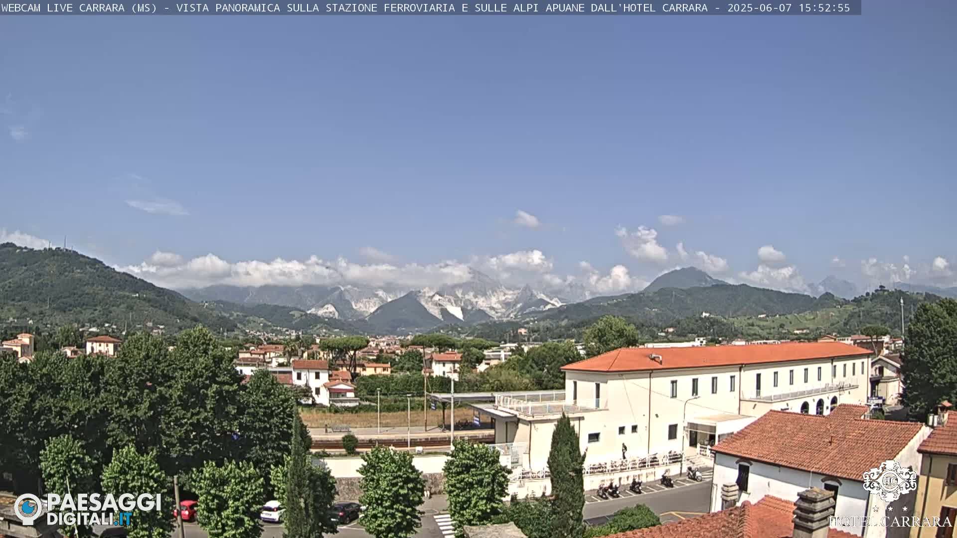 A partly cloudy day reveals a panoramic view of a town nestled in a valley, with mountains in the background and a long, low building in the foreground.