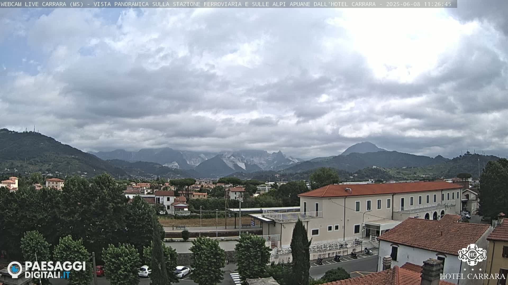 A panoramic view of a town nestled in a valley, under a cloudy sky, with mountains in the background.