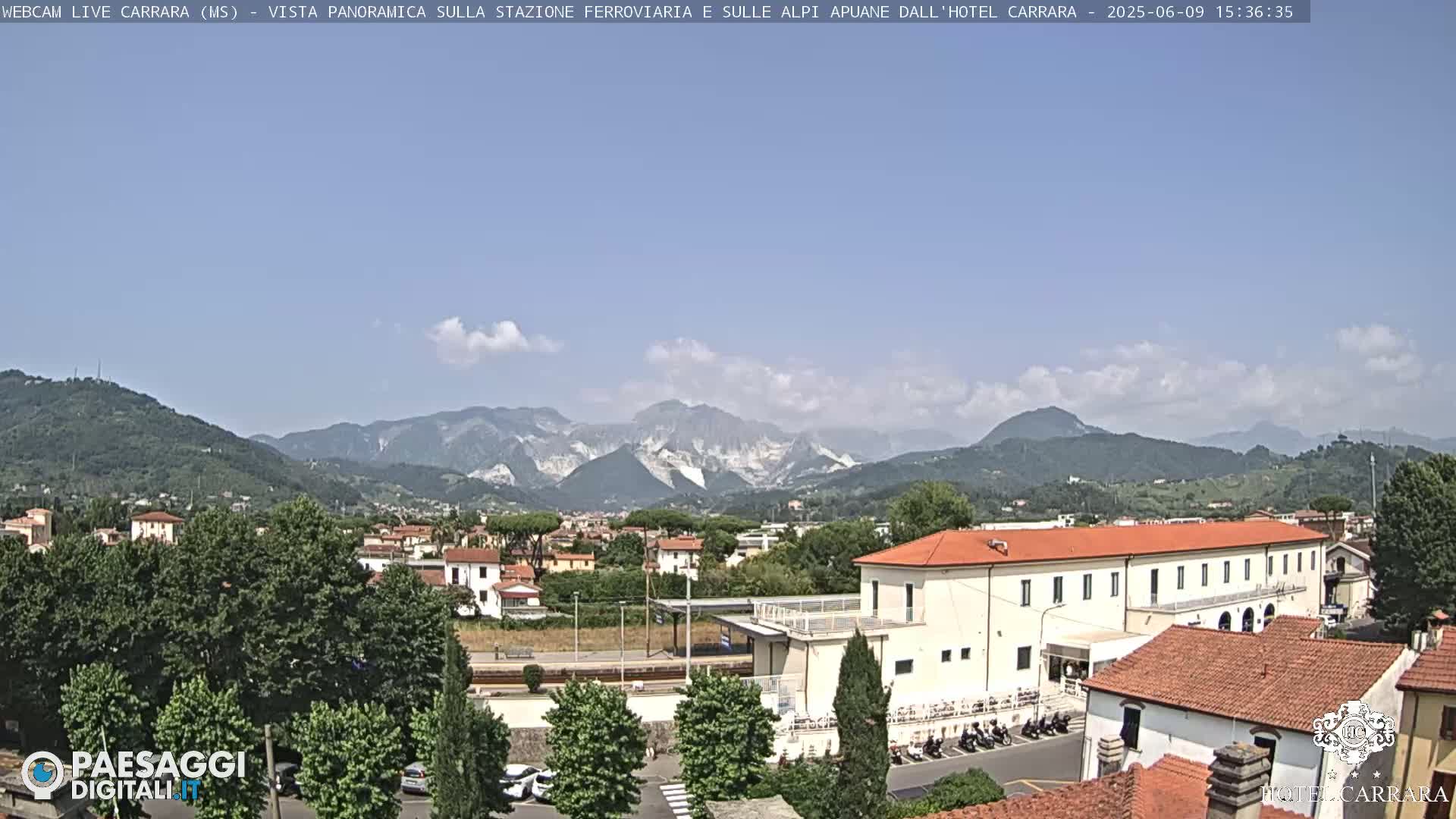 A partly cloudy sunny day reveals a panoramic view of a town nestled beside mountains, with a train station and buildings visible in the foreground.