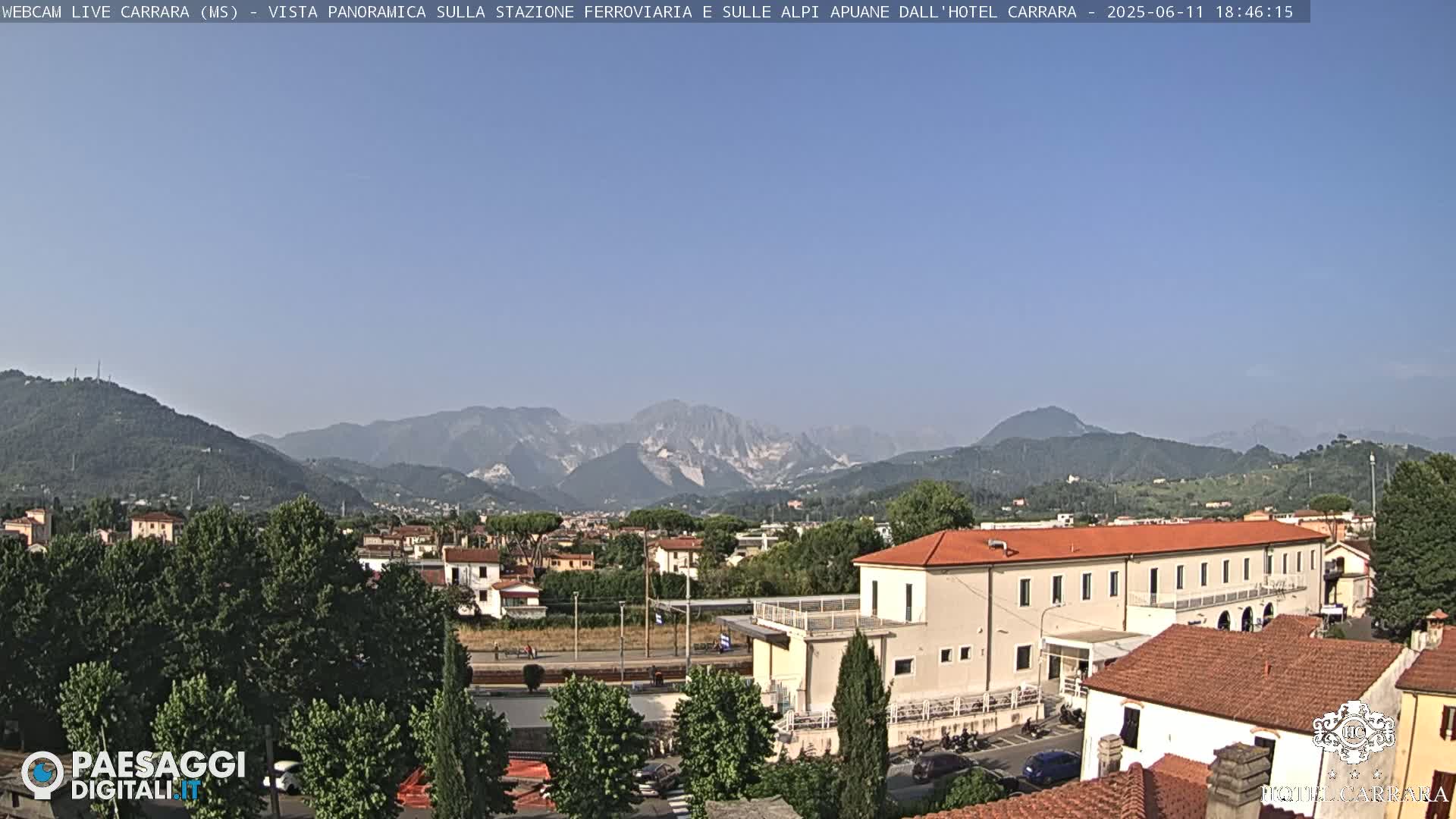 A panoramic view of a town nestled in a valley, with mountains in the background under a clear blue sky.