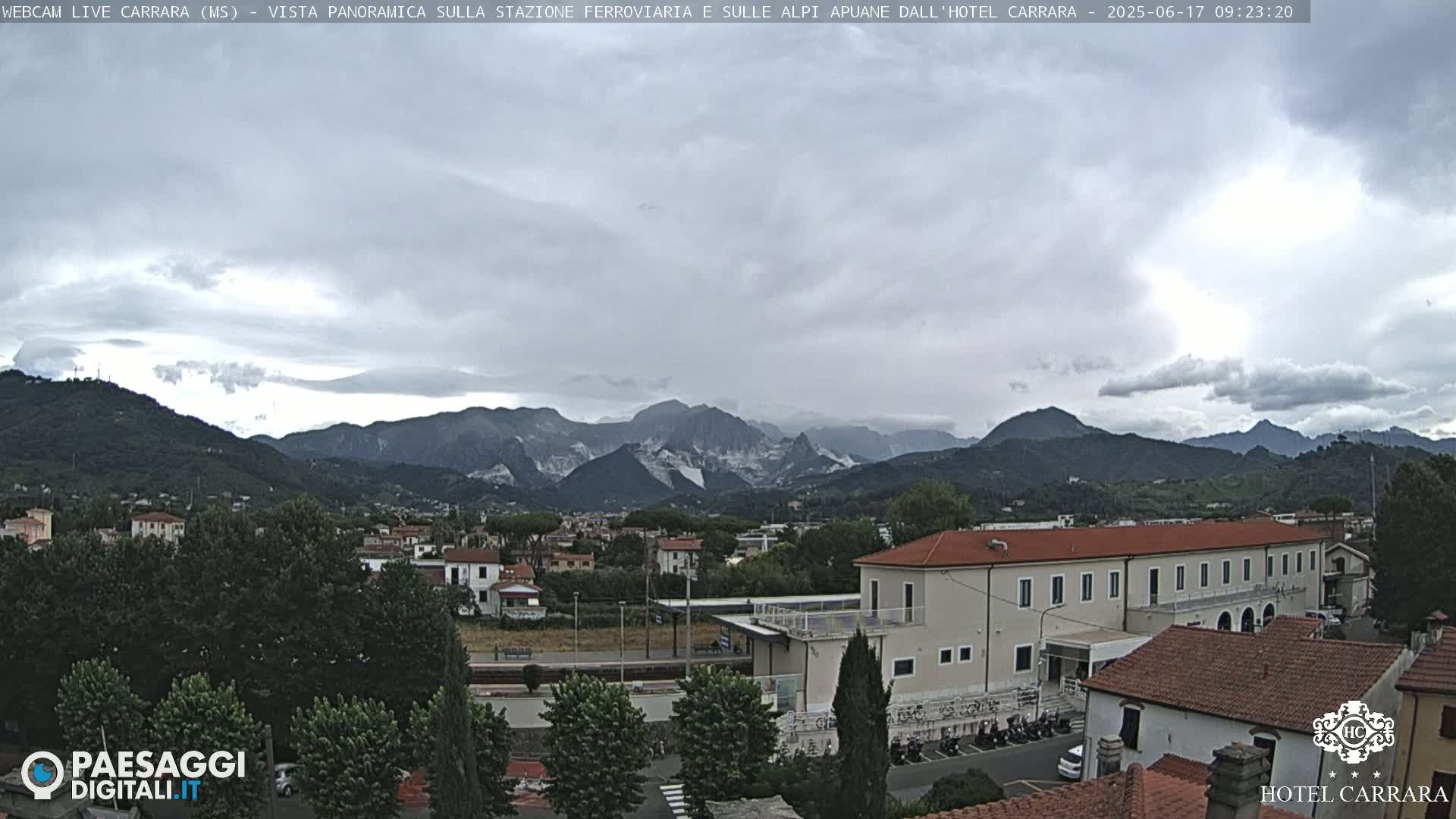 A view of a town nestled in a valley, with mountains in the background under an overcast sky.