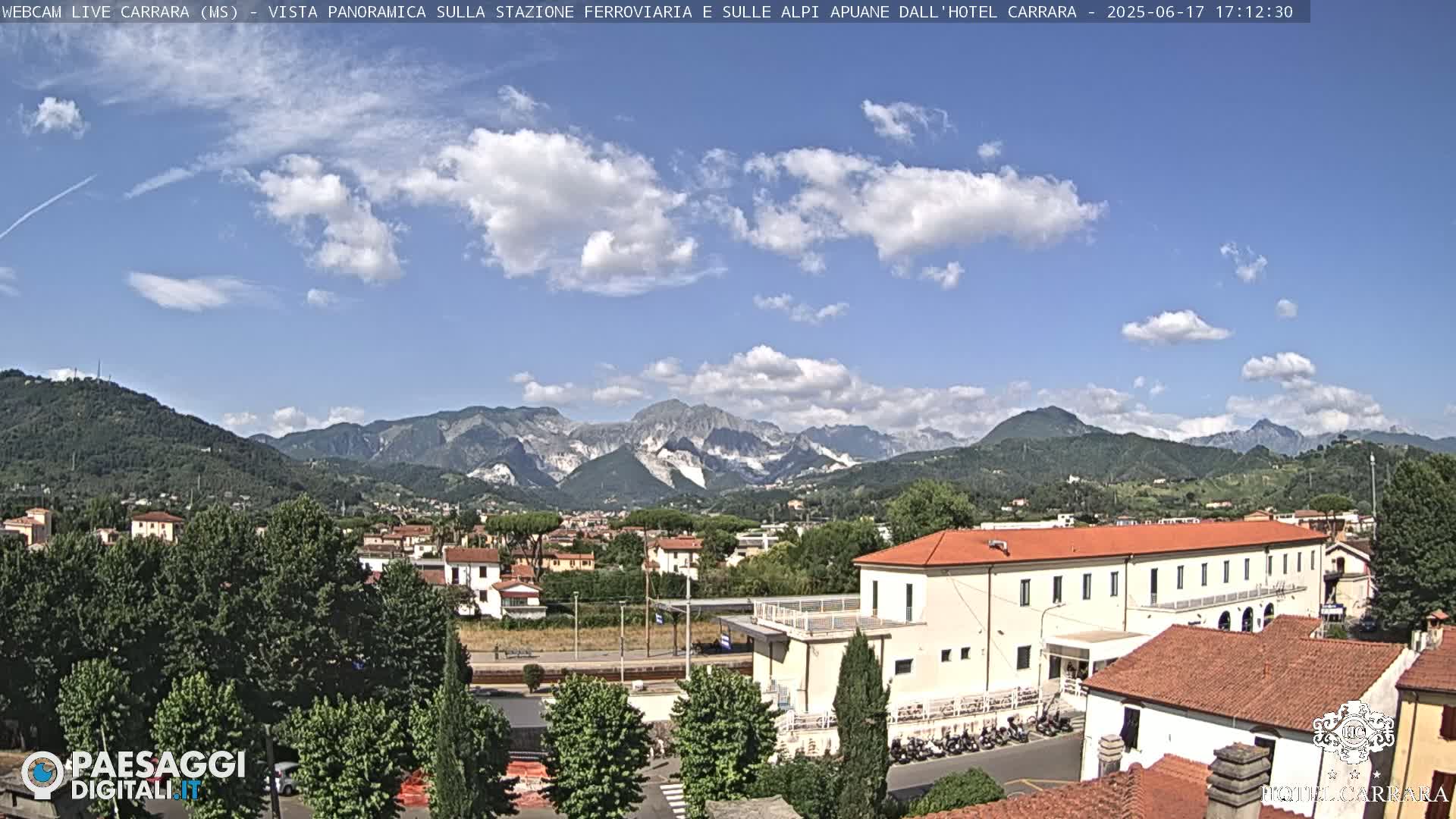 A partly sunny view of a town nestled in a valley, with mountains in the background and a long, low building in the foreground.