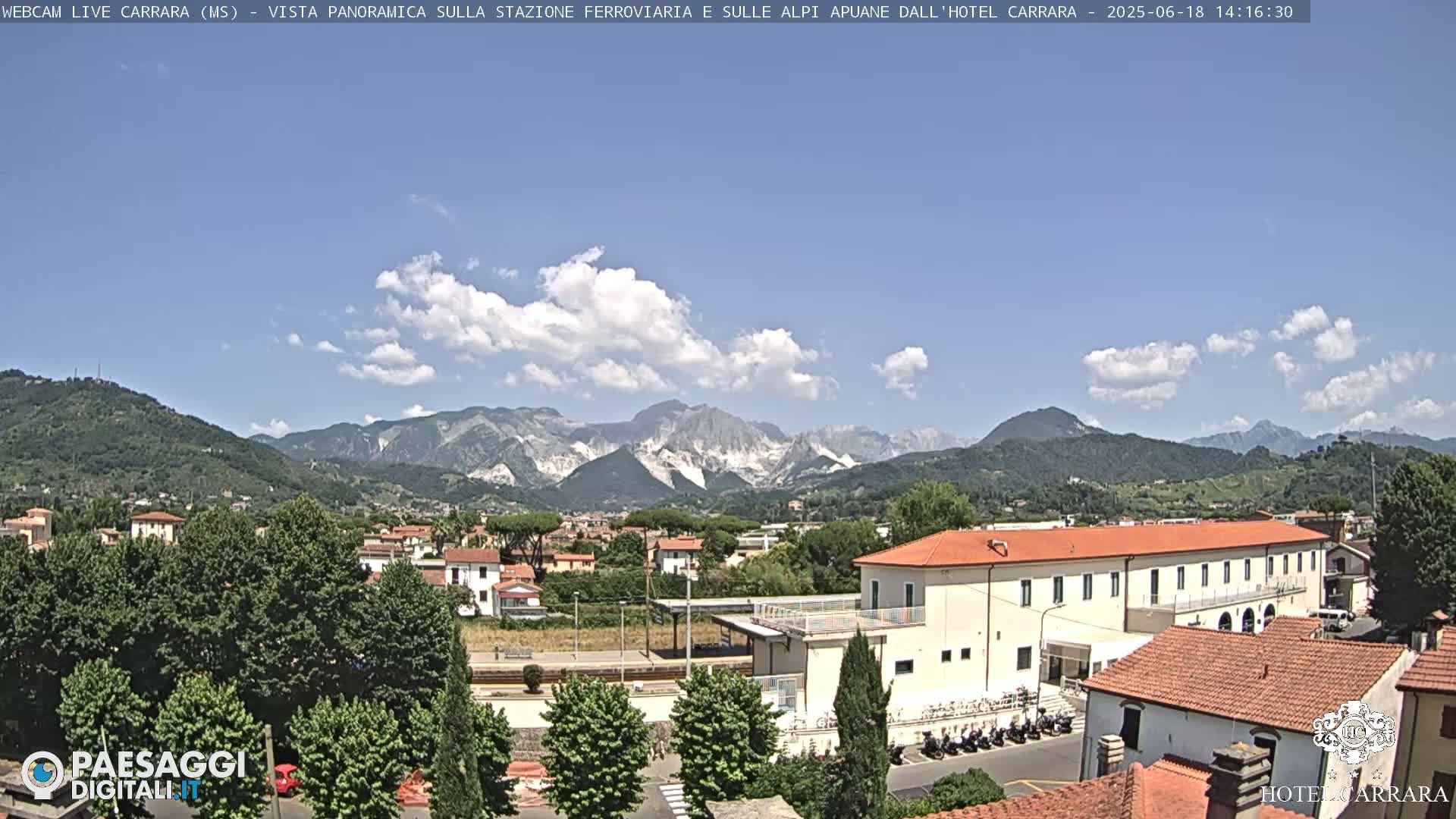 A partly cloudy day reveals a panoramic view of a town nestled in a valley, with mountains in the background.