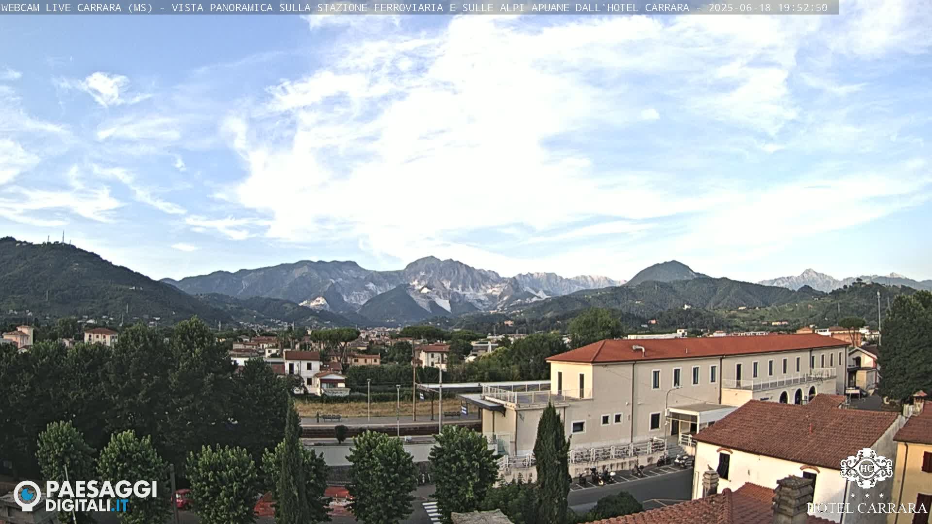 A partly cloudy sky overlooks a town nestled in a valley, with a mountain range in the background.