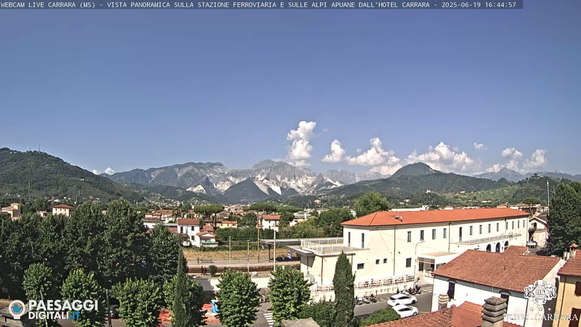 A sunny day reveals a panoramic view of a town nestled in a valley, with mountains in the background and partly cloudy skies.