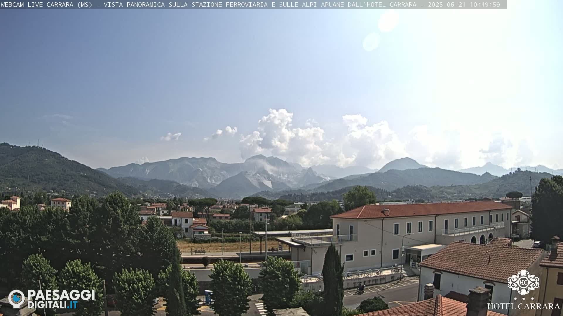 A partly cloudy day reveals a panoramic view of a town nestled in a valley, with mountains in the background and a train station visible in the foreground.