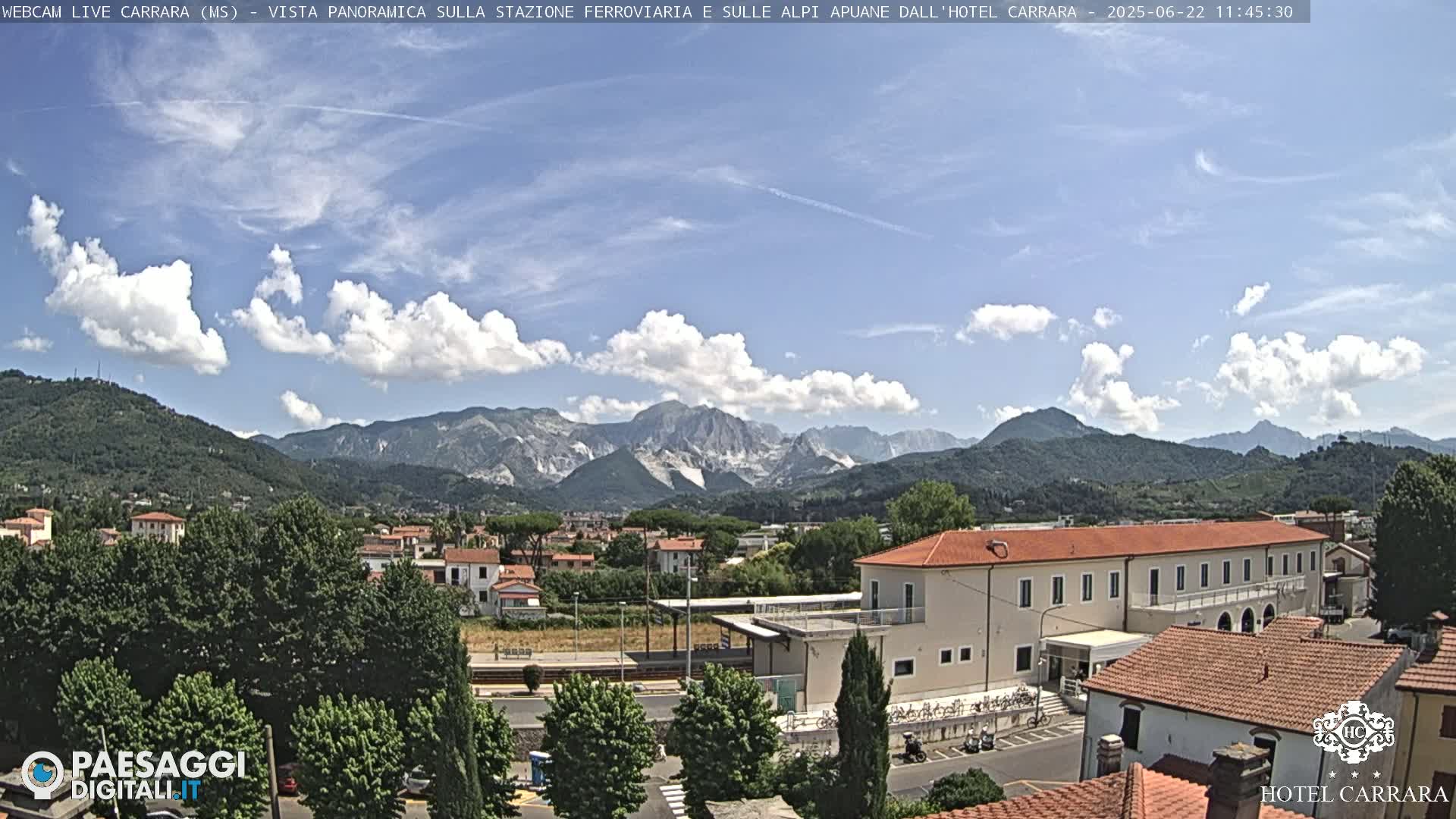 A partly sunny view of a town nestled in a valley, with mountains in the background and a large building in the foreground.