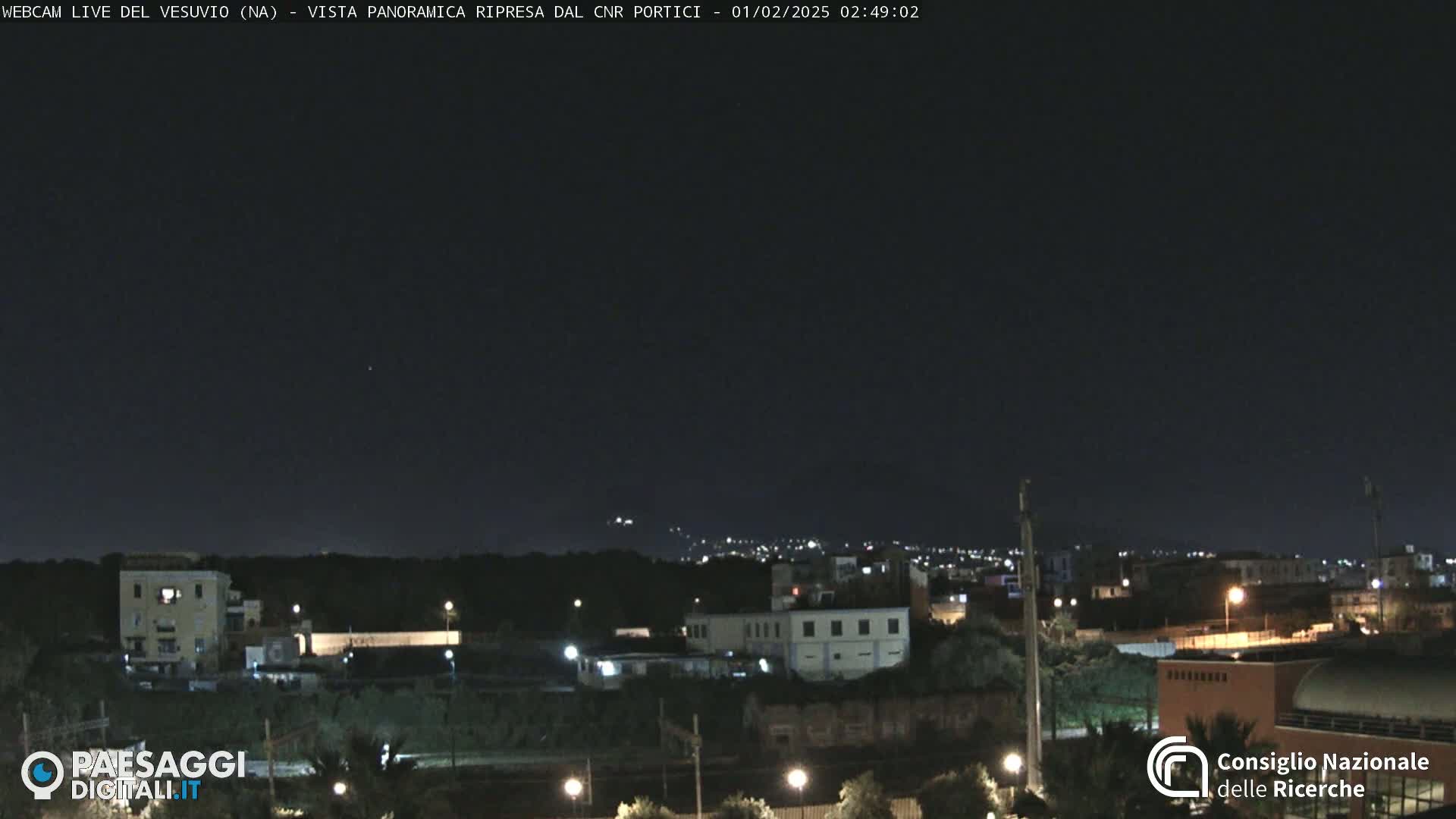 A nighttime, panoramic view of a cityscape with distant lights on a hill under a clear, dark sky.