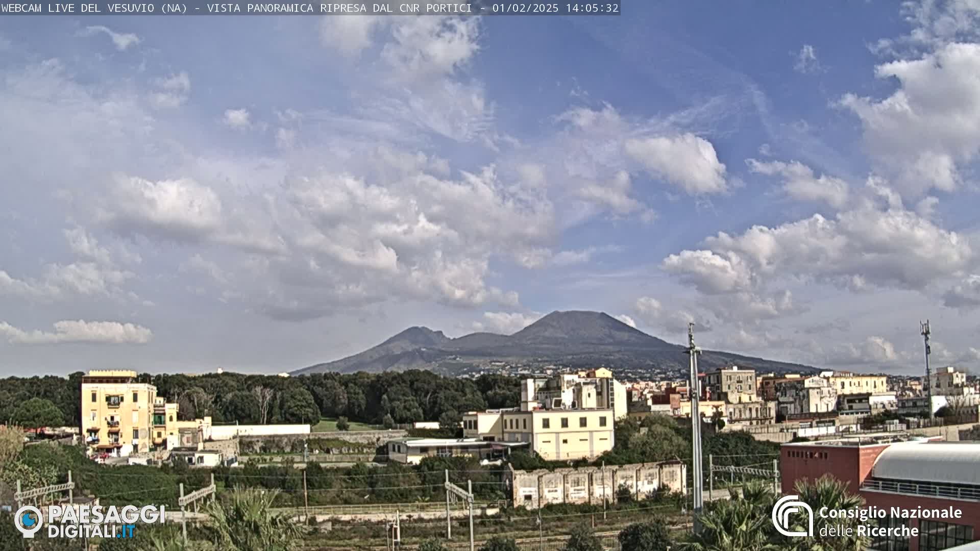 A partly cloudy day shows Mount Vesuvius in the distance behind a town with low buildings and vegetation.