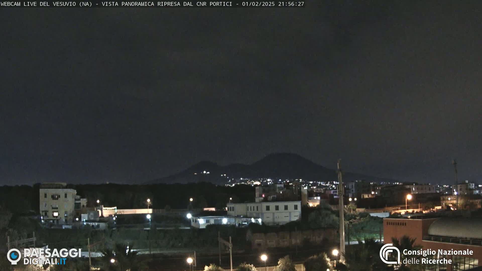 A nighttime long shot of a city with a volcano in the distance under a dark, clear sky.