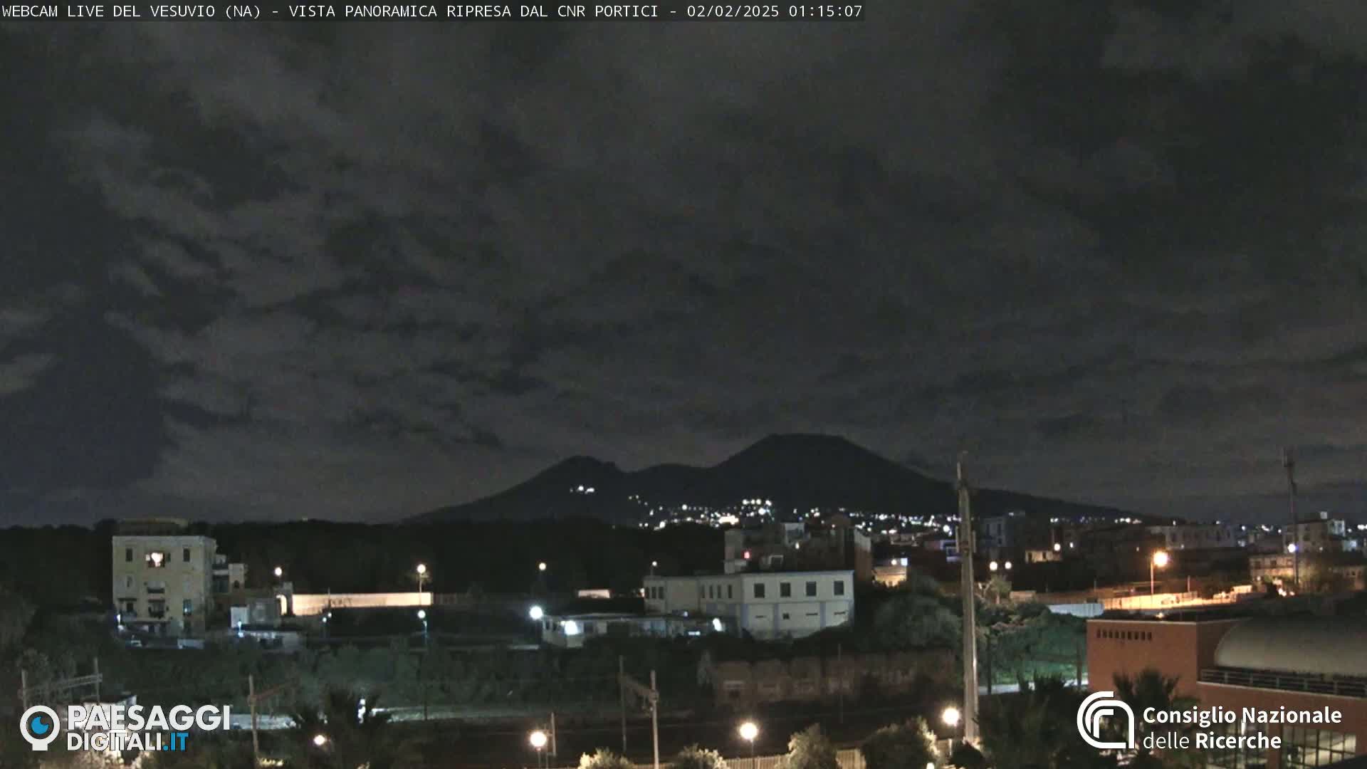 A nighttime view of a city with a volcano in the background under a mostly cloudy sky.