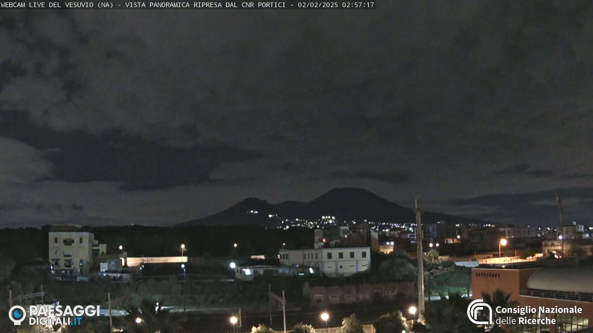 A nighttime, slightly cloudy view of a city with a volcano in the background.