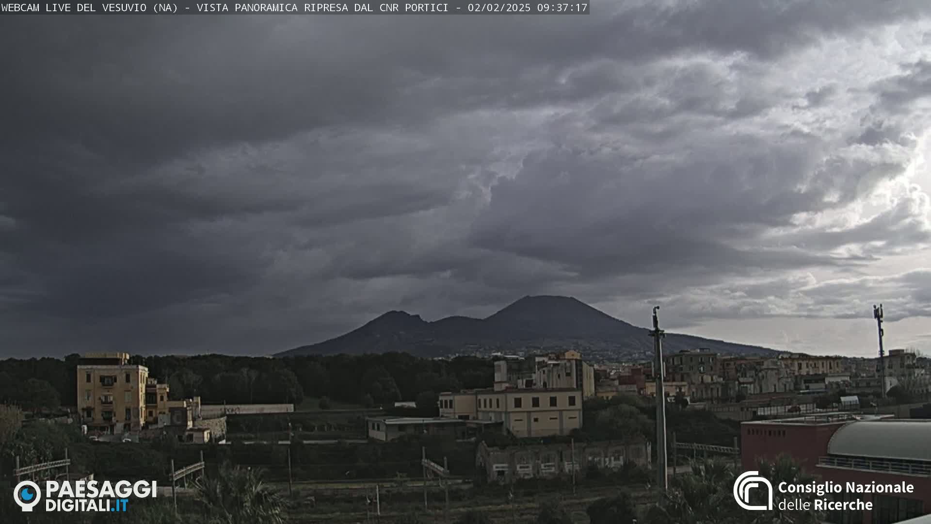 A view of Mount Vesuvius under a mostly cloudy sky, with a town and some greenery in the foreground.