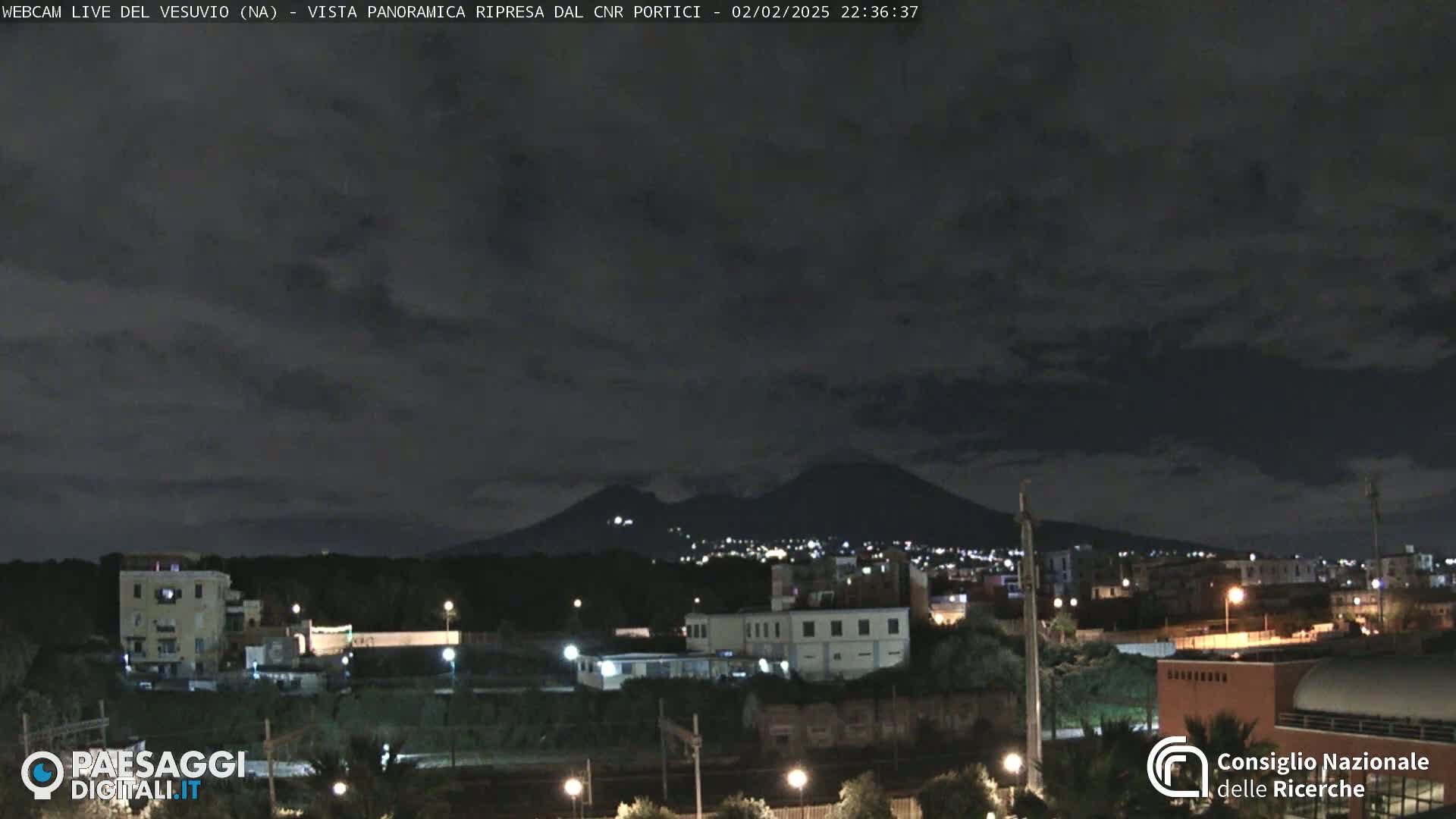A nighttime, low-light view of a city with a volcano in the background under a mostly cloudy sky.