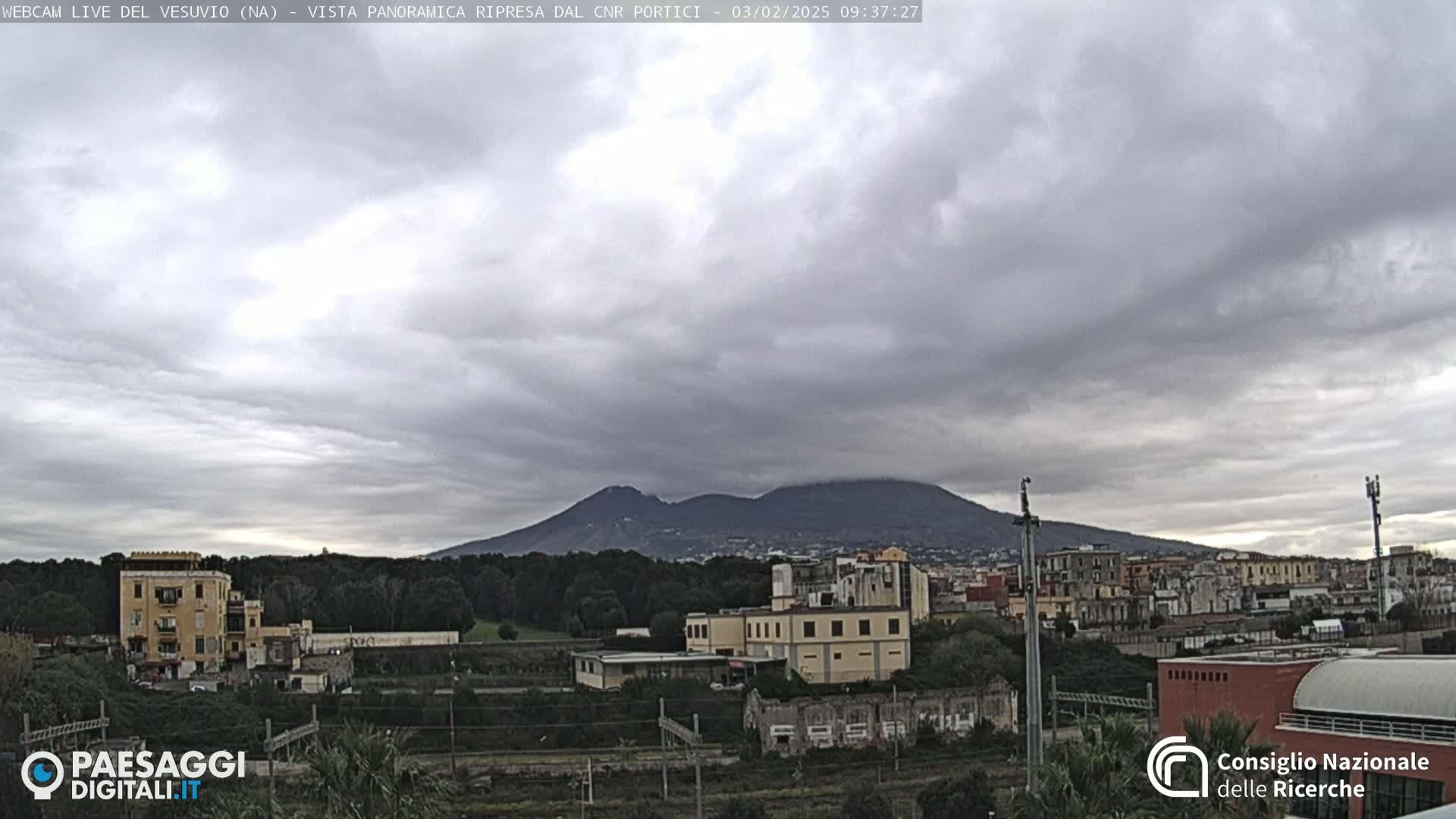 A view of Mount Vesuvius in the distance under a cloudy sky, with buildings and trees in the foreground.