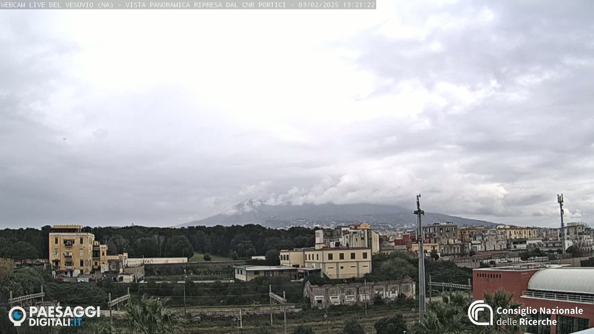 A view of Mount Vesuvius under a cloudy sky, with buildings and trees in the foreground.