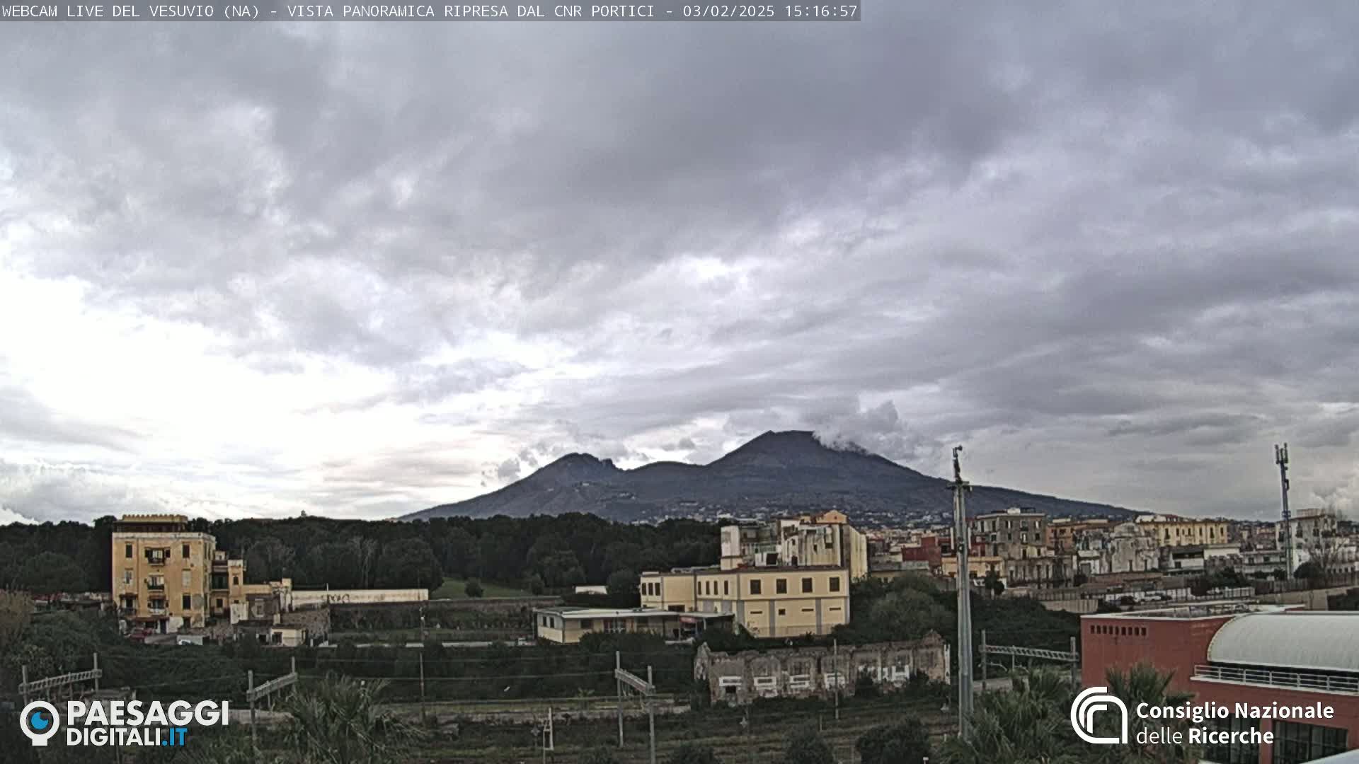 A view of Mount Vesuvius in the distance, under a mostly cloudy sky, with buildings and trees in the foreground.