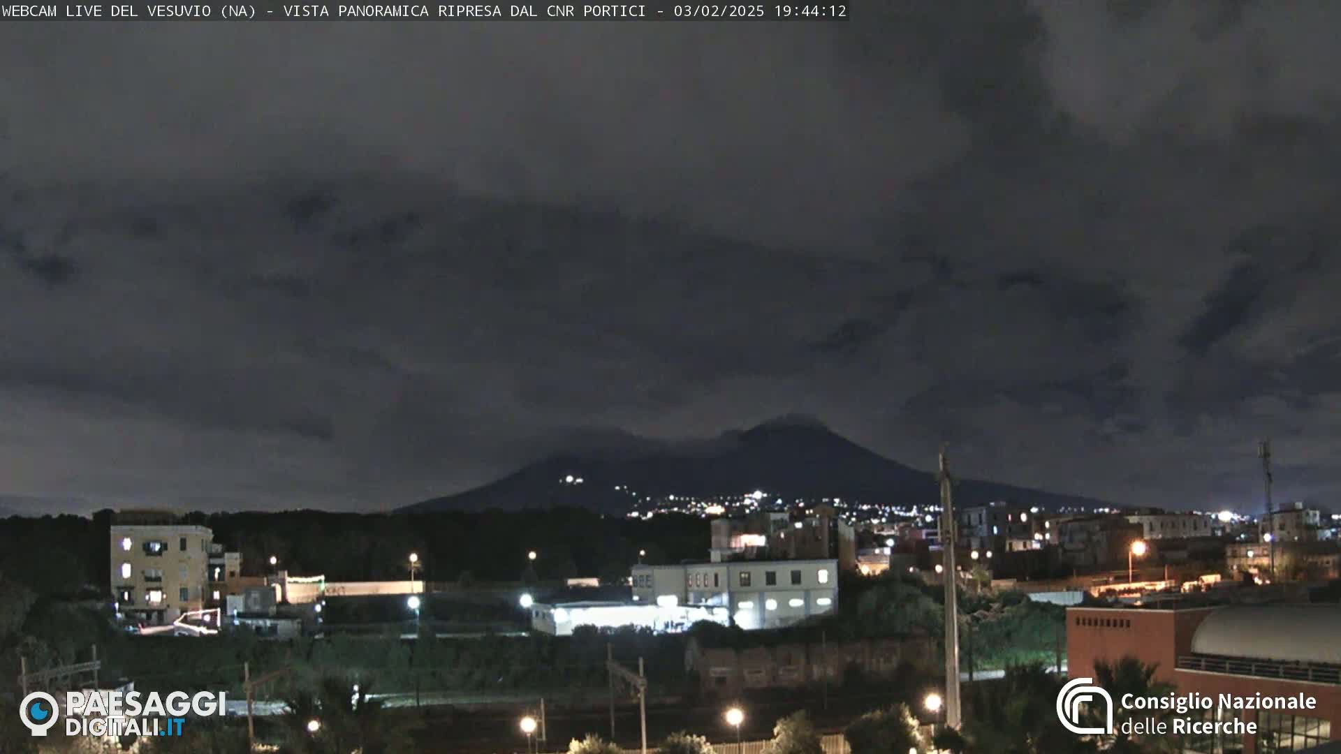A nighttime view of Mount Vesuvius from across a city, under a dark, cloudy sky.