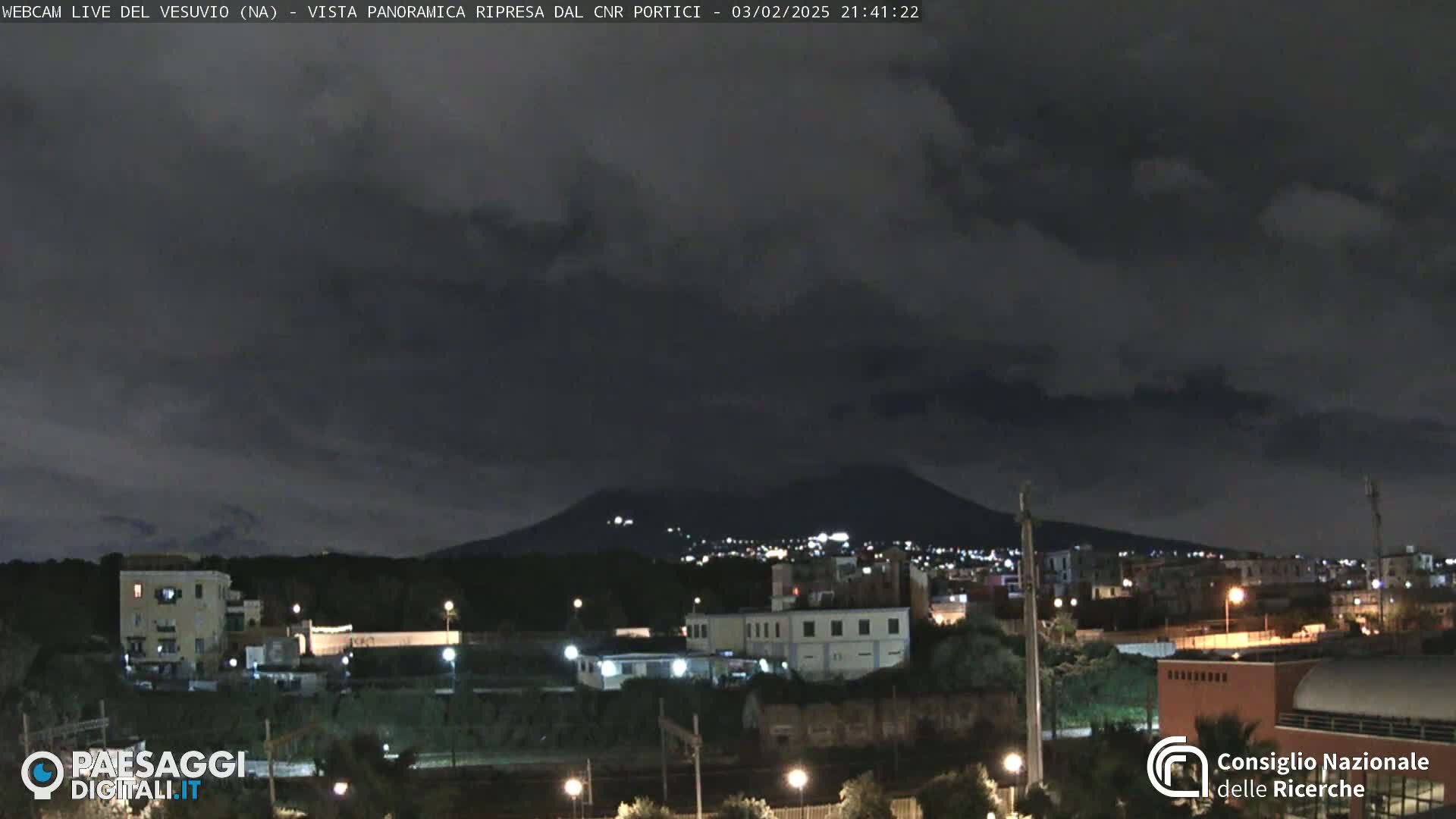A nighttime view of a city with a volcano in the background under a cloudy sky.