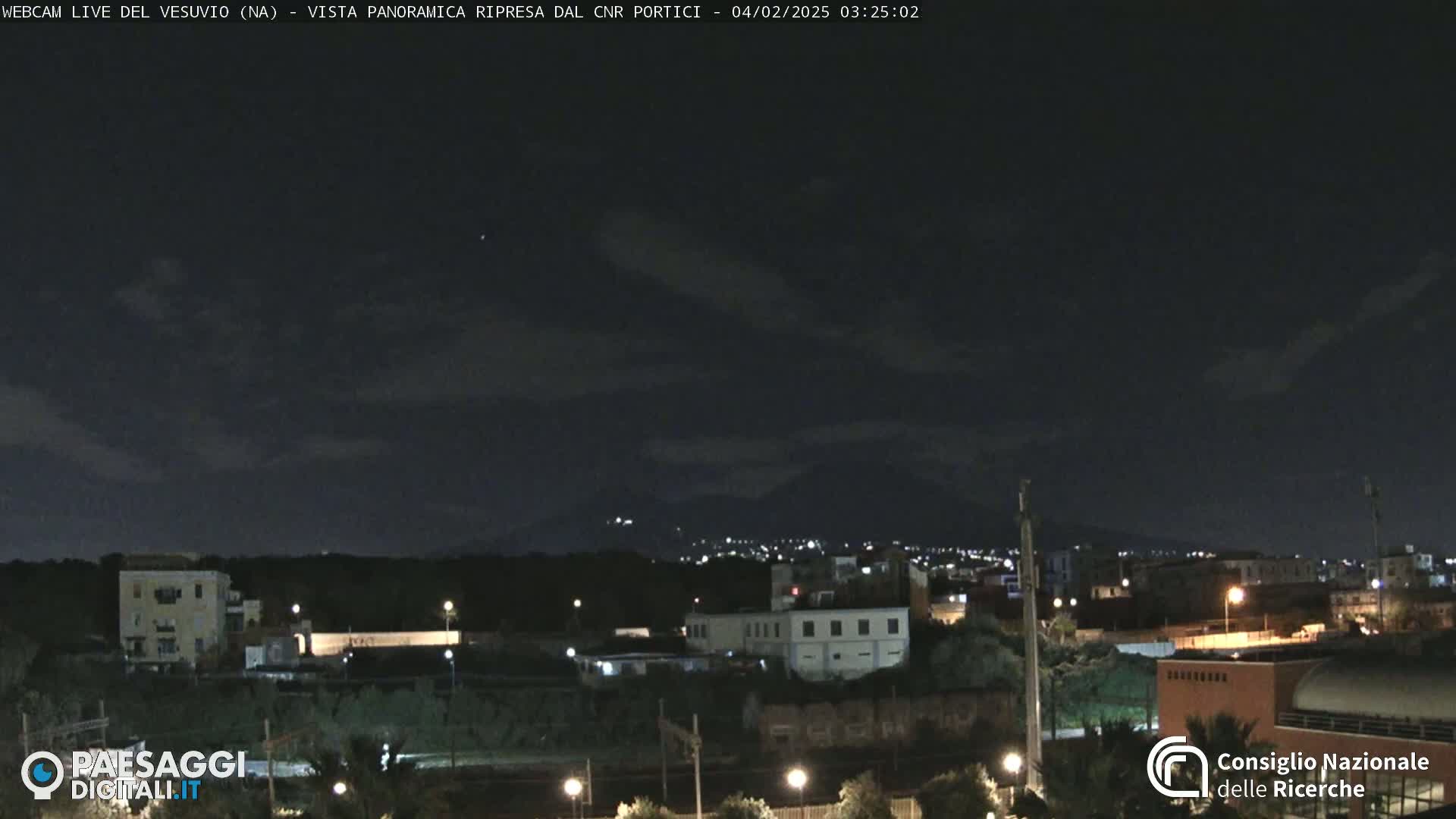 A nighttime view of a city illuminated by streetlights, with a mountain range visible in the distance under a partly cloudy sky.