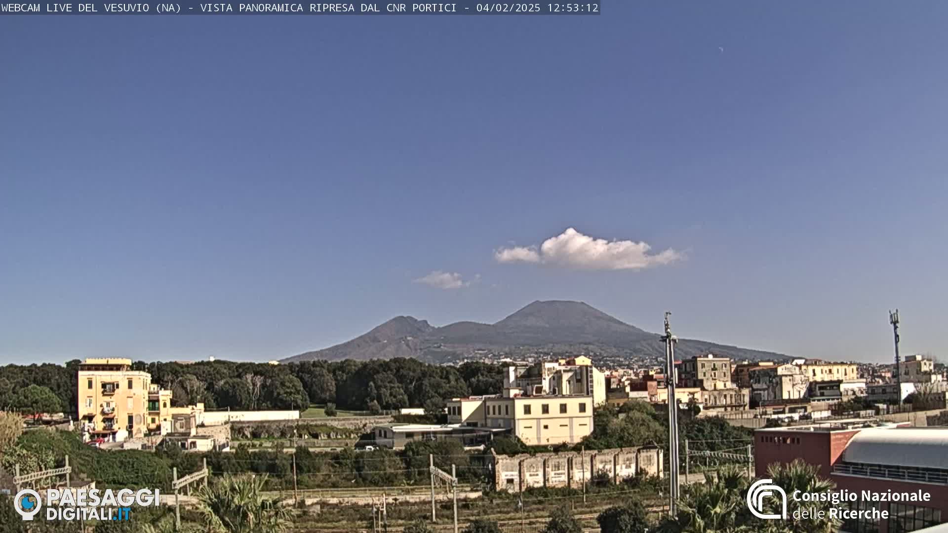 Mount Vesuvius is visible in the distance on a clear day, with a single cloud above it and a town spread out in the foreground.