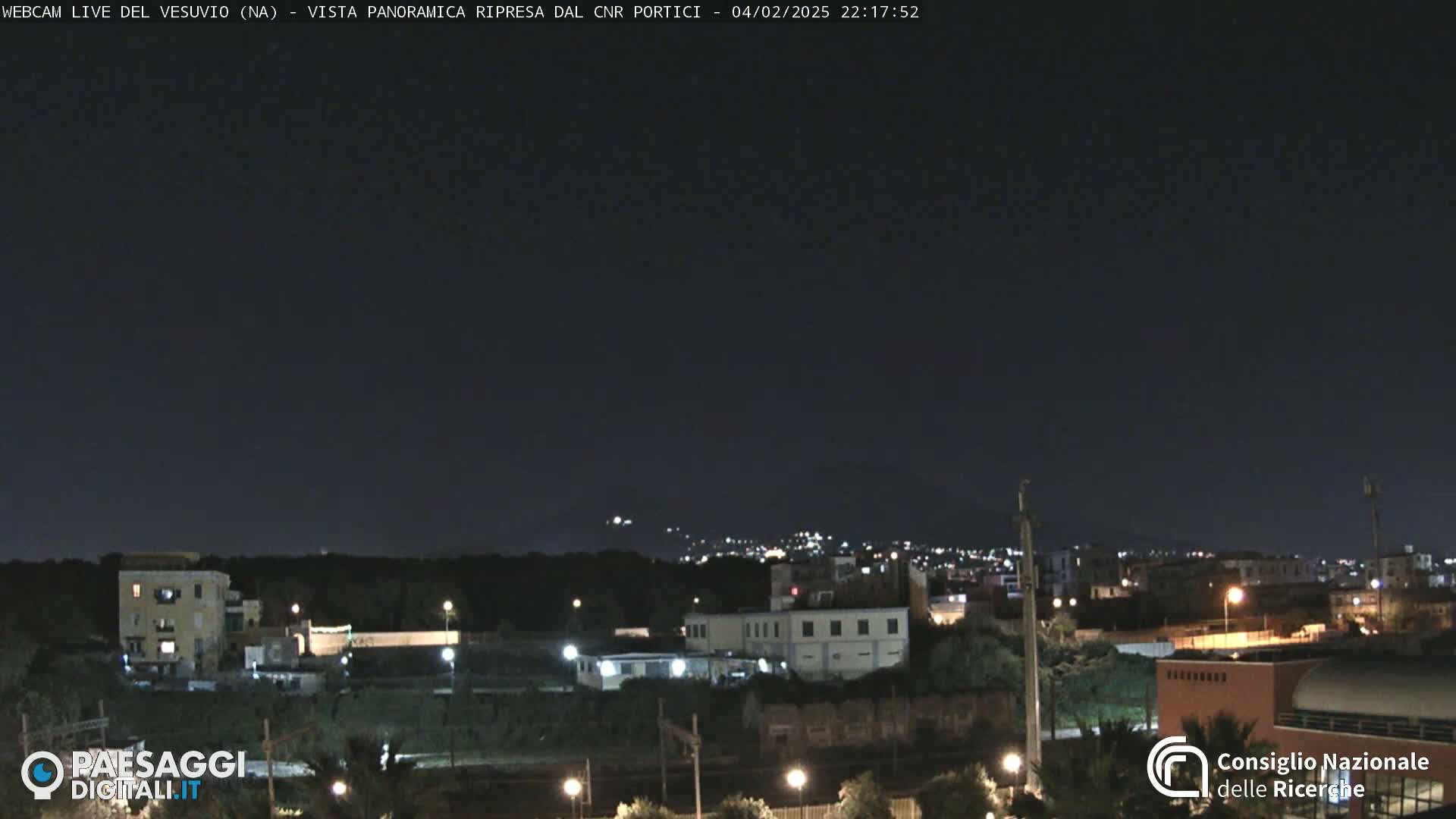 A nighttime, long shot of a city with a volcano visible in the distance under a dark, clear sky.