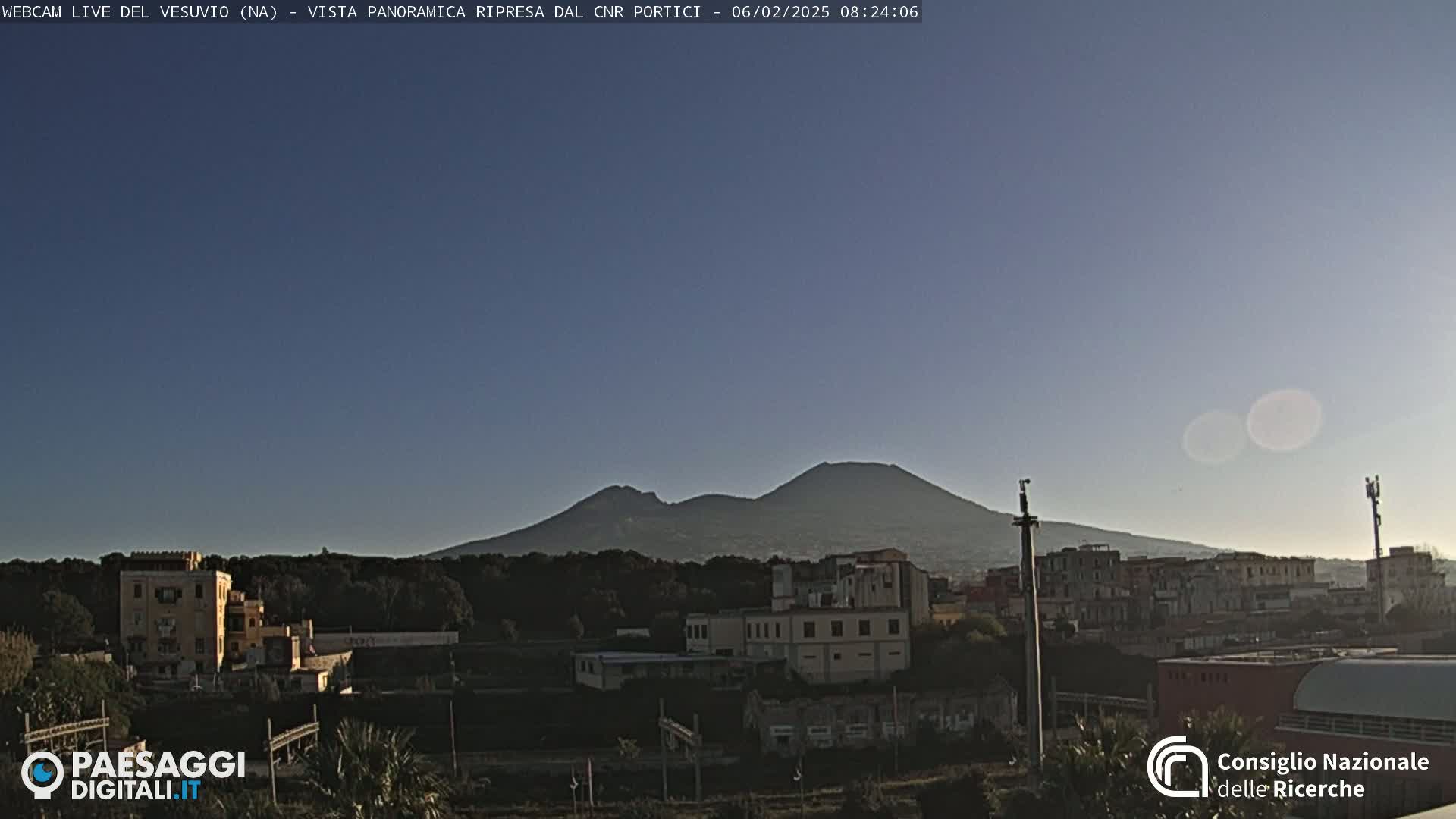 A distant, hazy view of Mount Vesuvius rises above a town under a clear, light-blue sky.