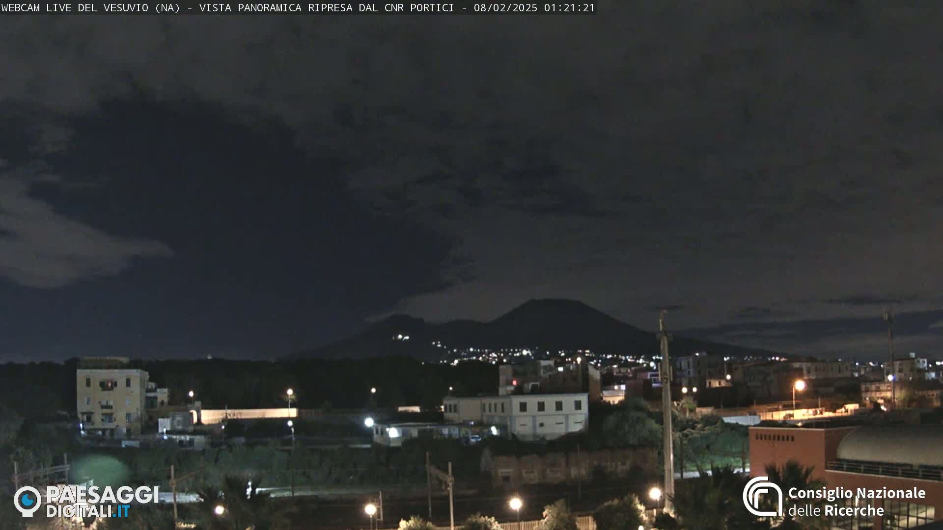 A nighttime view of a city with a volcano in the background under a partly cloudy sky.