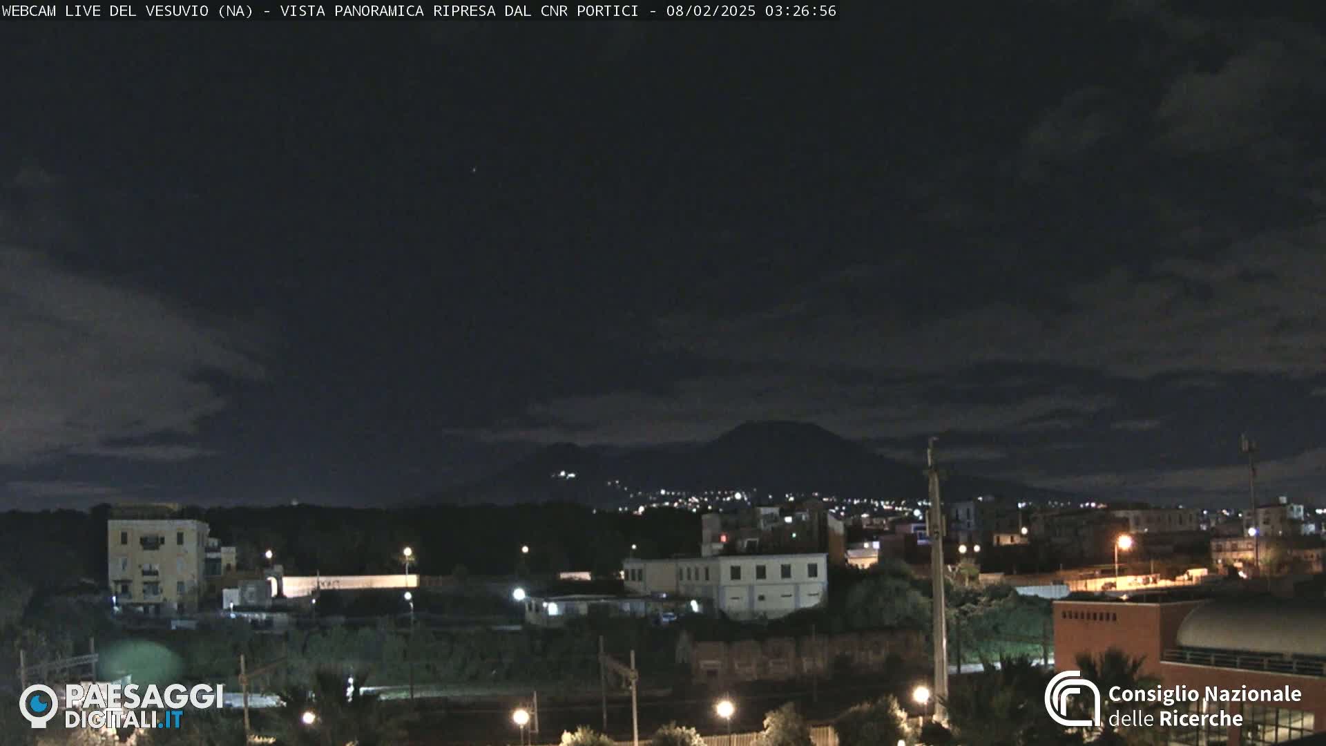 A nighttime long shot of a city with a volcano in the background under a mostly clear sky.
